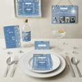 Elegant Denim & Diamonds themed party table with printable invitation, name card, and menu on white plate, surrounded by crystal details and sparkling glassware.