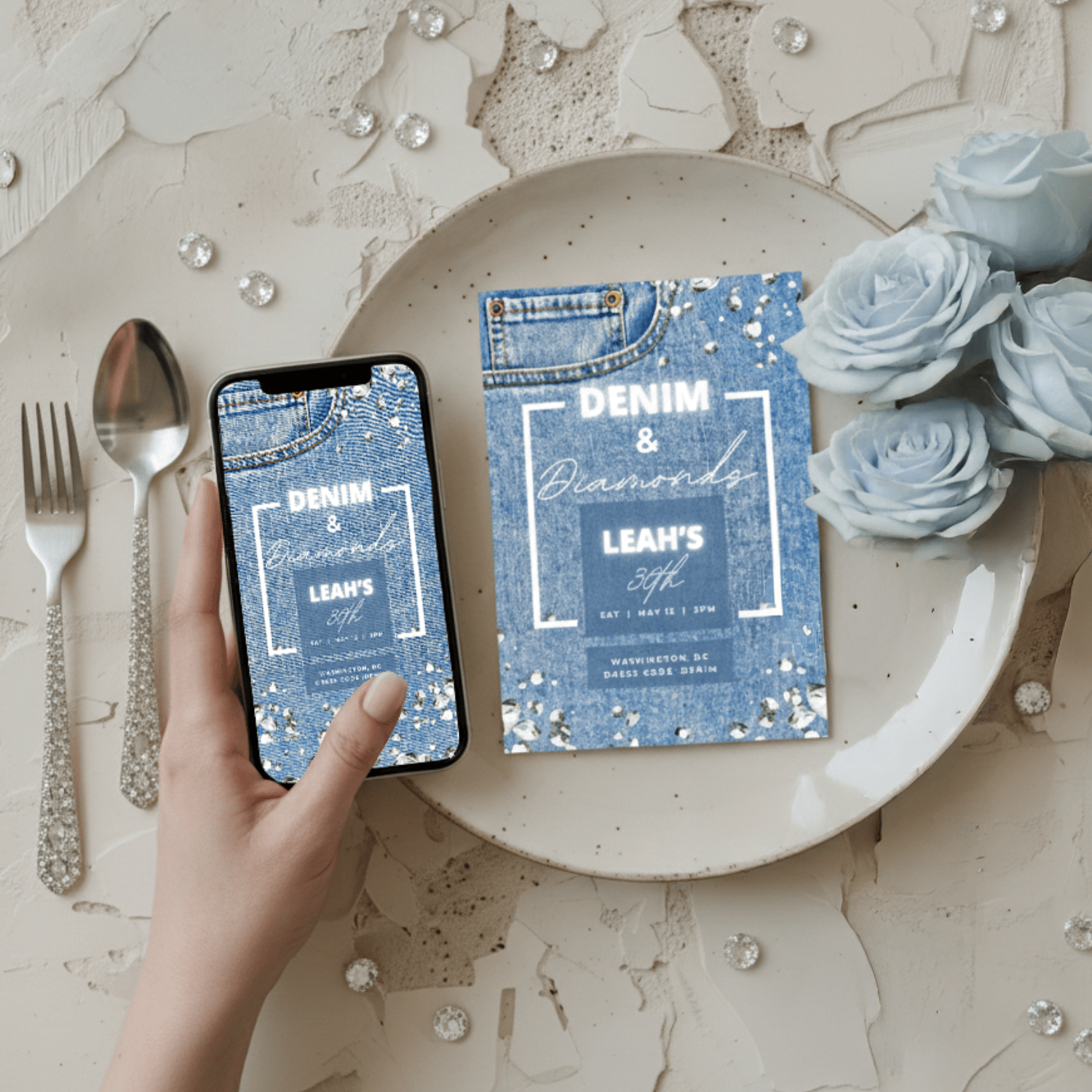 Editable Denim and Diamonds party invitation template displayed with blue roses and sparkling gems on a white plate, showing matching digital and printable versions perfect for birthday or event celebrations. Canva editable template by Minimalist Print by Anaïs.