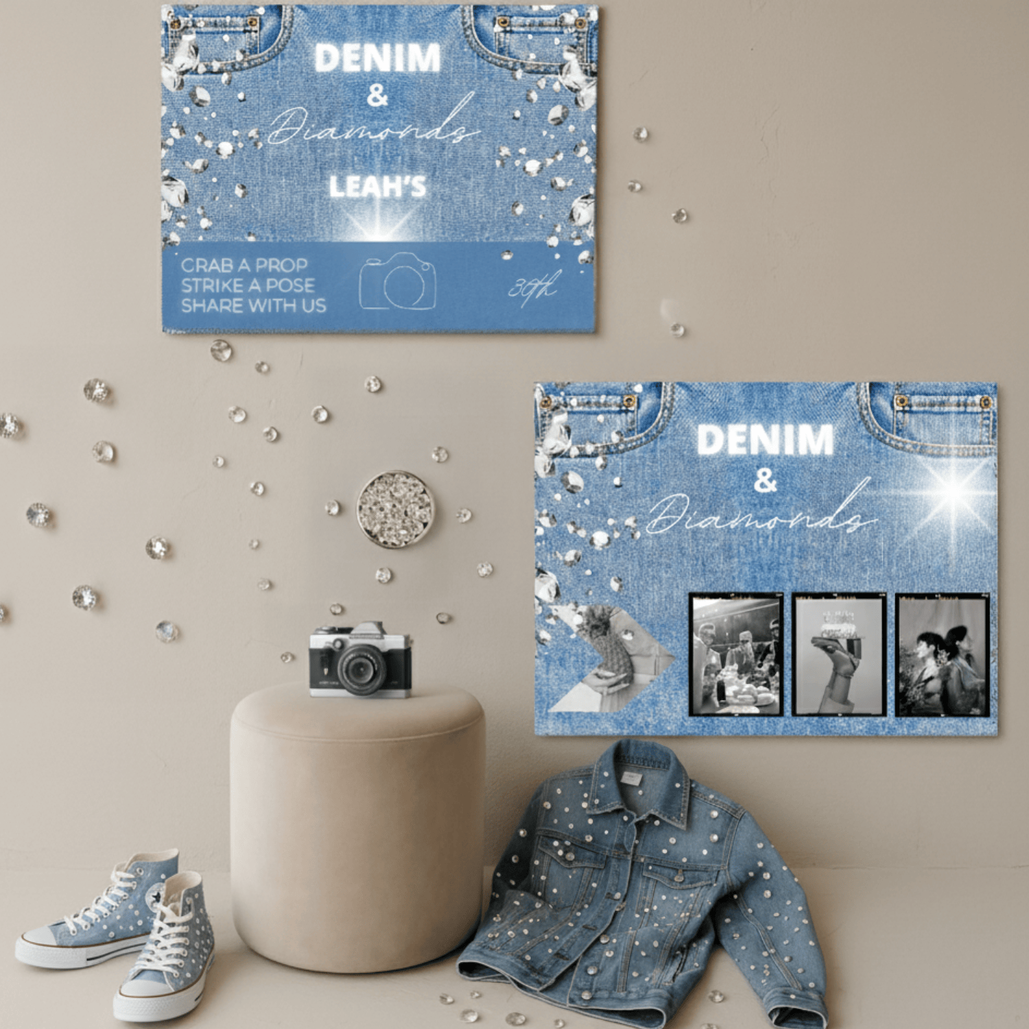 Denim & Diamonds photo booth signs with glittering diamond patterns, displayed above denim jacket and vintage camera.