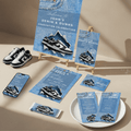 Editable Denim and Dunks Canva Party Bundle invitation, menu, candra wrapper, welcome and photobooth signs displayed on beige table. Denim party decor