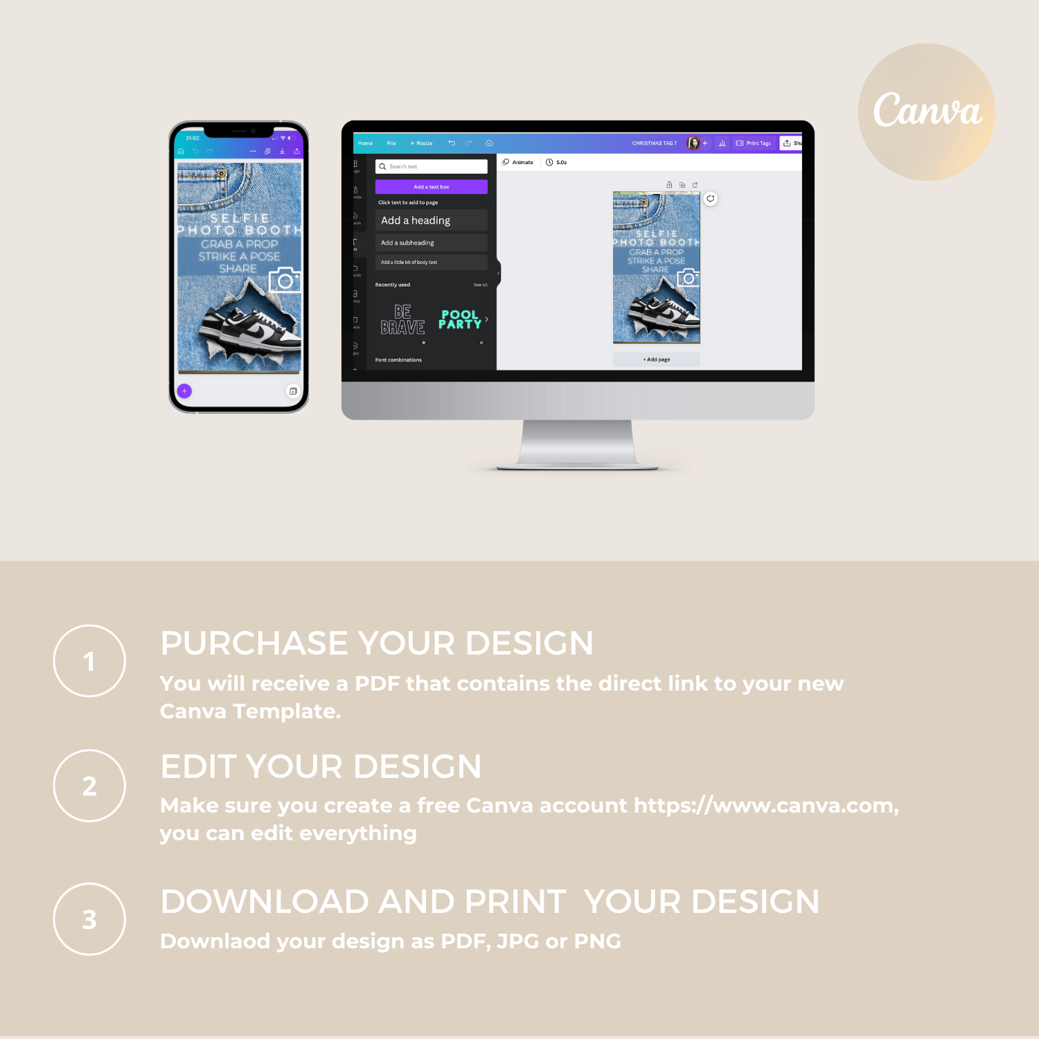 Editable Denim and Dunks invitation shown in Canva editor with easy step-by-step instructions