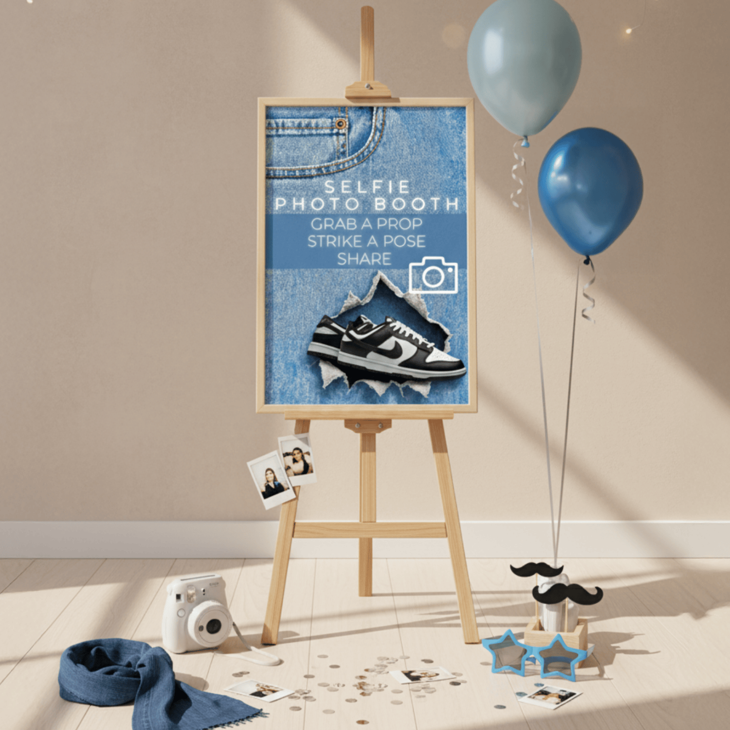 Denim and Dunks photobooth sign with balloons and props, editable Canva template for parties