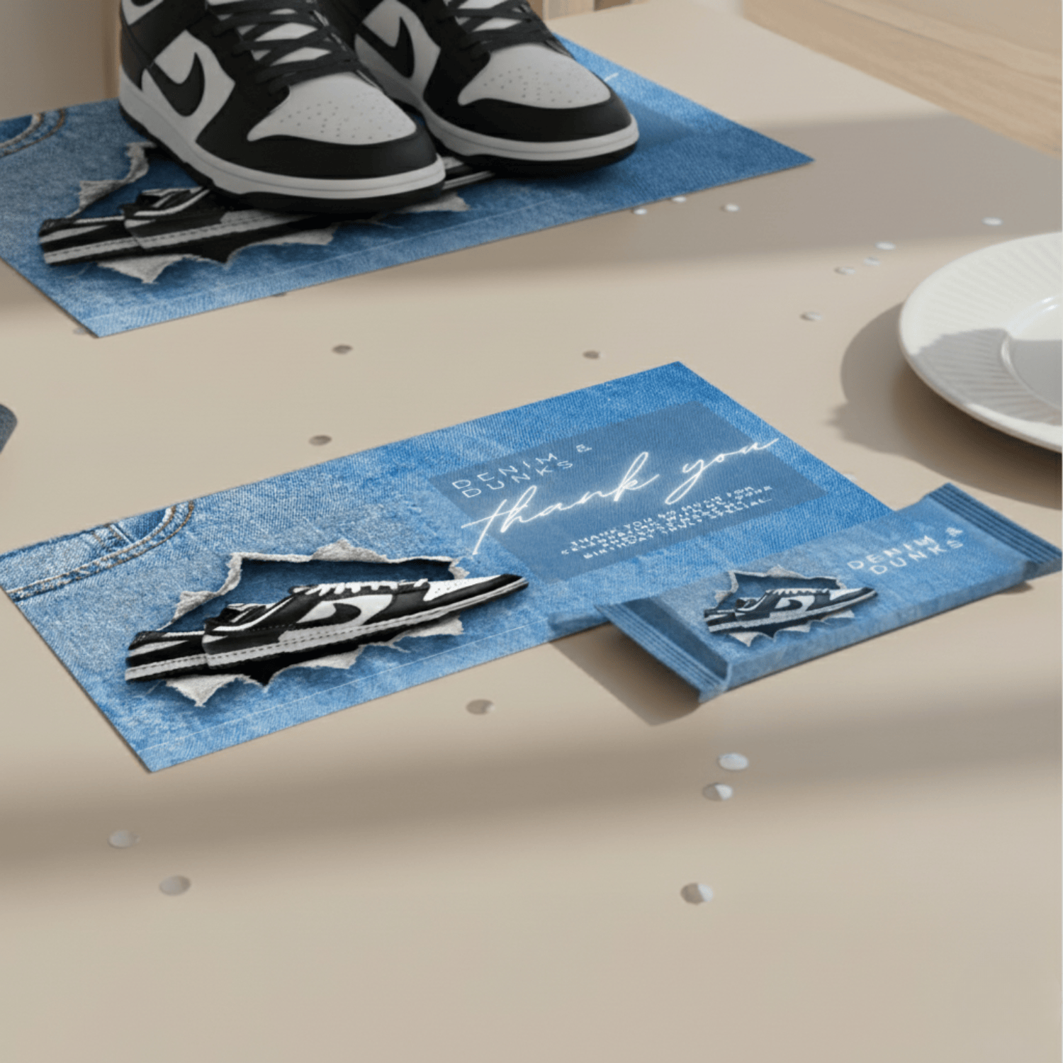 Editable thank-you card and candy bar wrap from Denim and Dunks Canva party set on beige table