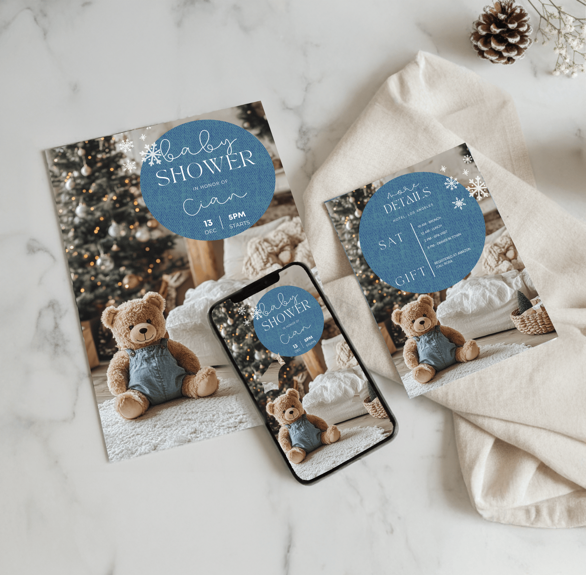 Editable denim and merry baby shower invitation set with teddy bear, phone mockup, and details card on marble background, winter Christmas theme.