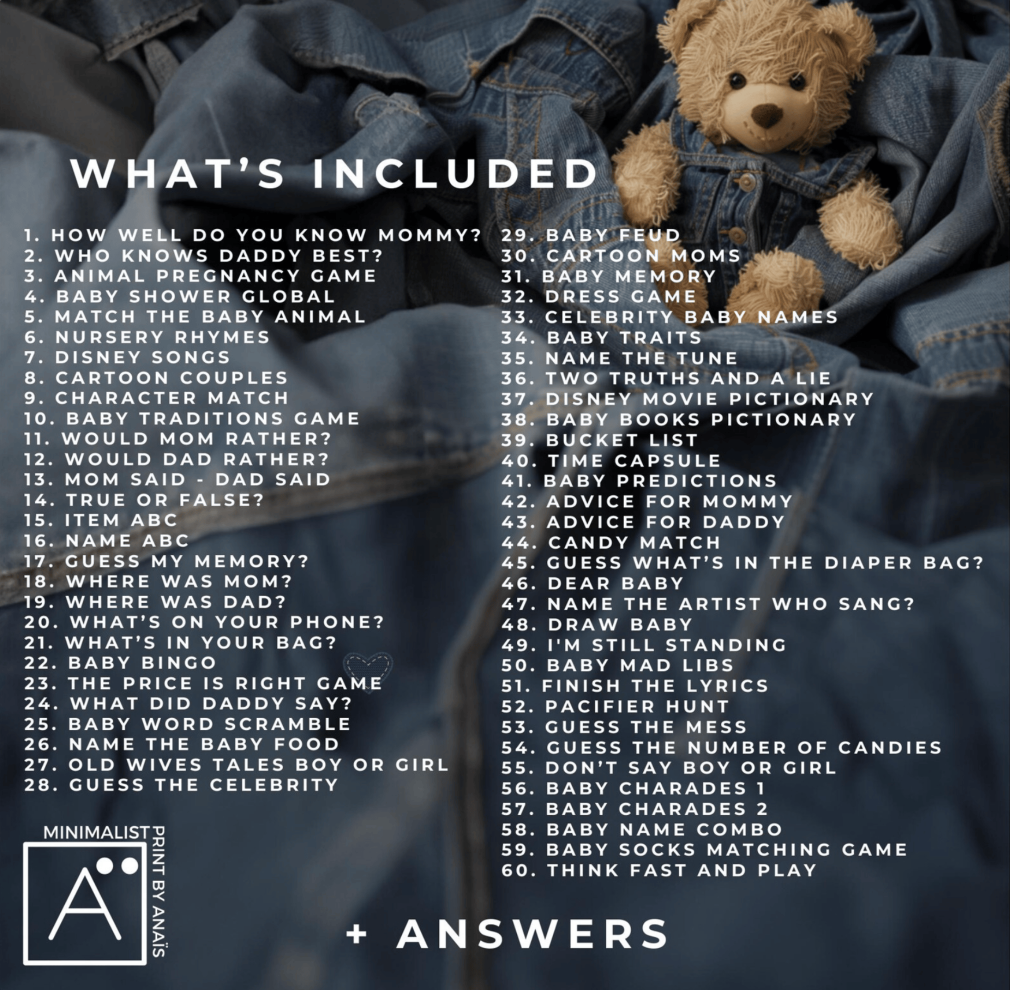 List of included baby shower games over denim background with teddy bear—printable PDF bundle.