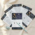Denim teddy bear baby shower game bundle with 64 printable activities and bingo cards in rustic blue theme.