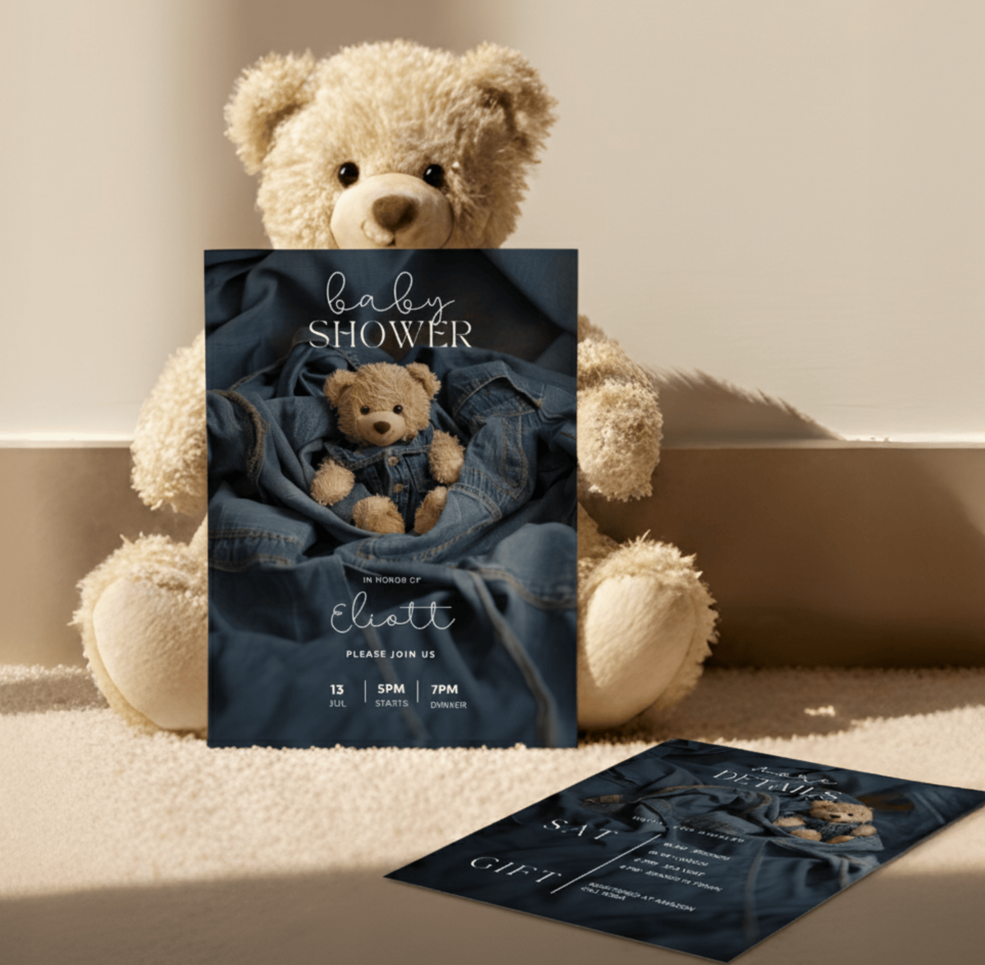 Editable denim teddy bear baby shower invitation with cozy blue denim background—5×7 printable Canva template for baby boy shower.