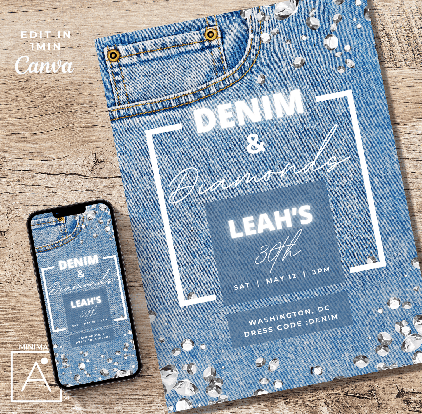 Denim and Diamonds birthday invitation presented on a smartphone and printed with a rustic wooden background, illustrating the editable template's quick personalization feature in Canva.