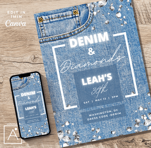 Denim and Diamonds birthday invitation presented on a smartphone and printed with a rustic wooden background, illustrating the editable template's quick personalization feature in Canva.