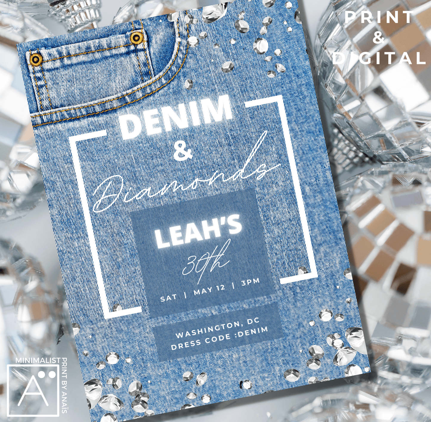 Printable printed Denim and Diamonds birthday invitation card surrounded by crystal decorations, highlighting the event's denim fabric theme and luxurious feel