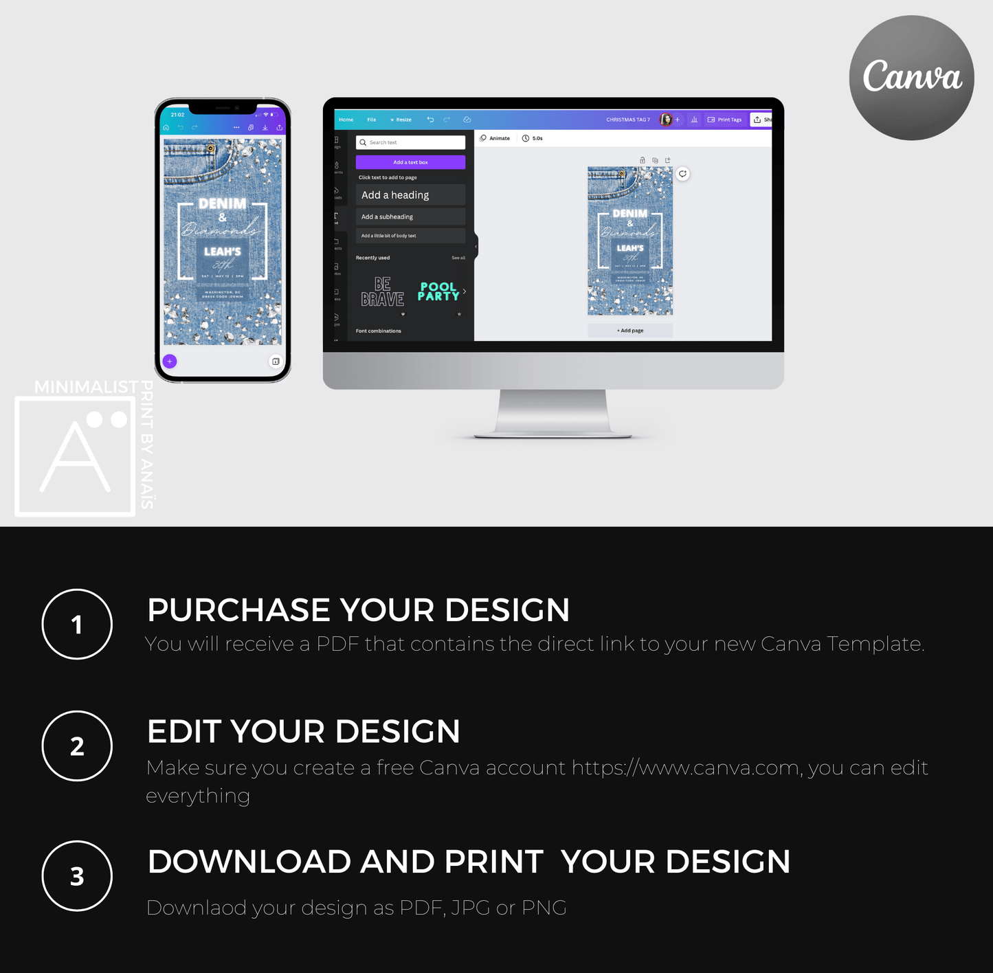 Tutorial on editing the Denim and Diamonds invitation template in Canva displayed on a smartphone and computer screen, emphasizing ease of customization