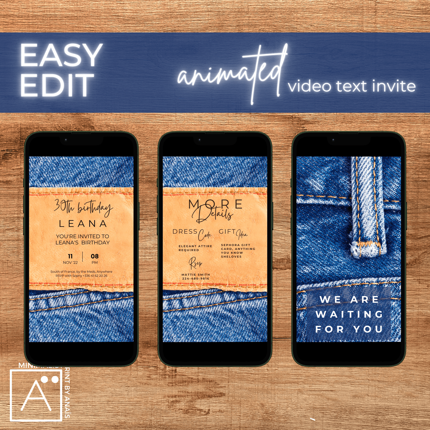 Digital Denim Invitation Label | Phone Evite | Canva Birthday Invitation | DIY Editable Party Invitation | MinimalistPrintByAnais