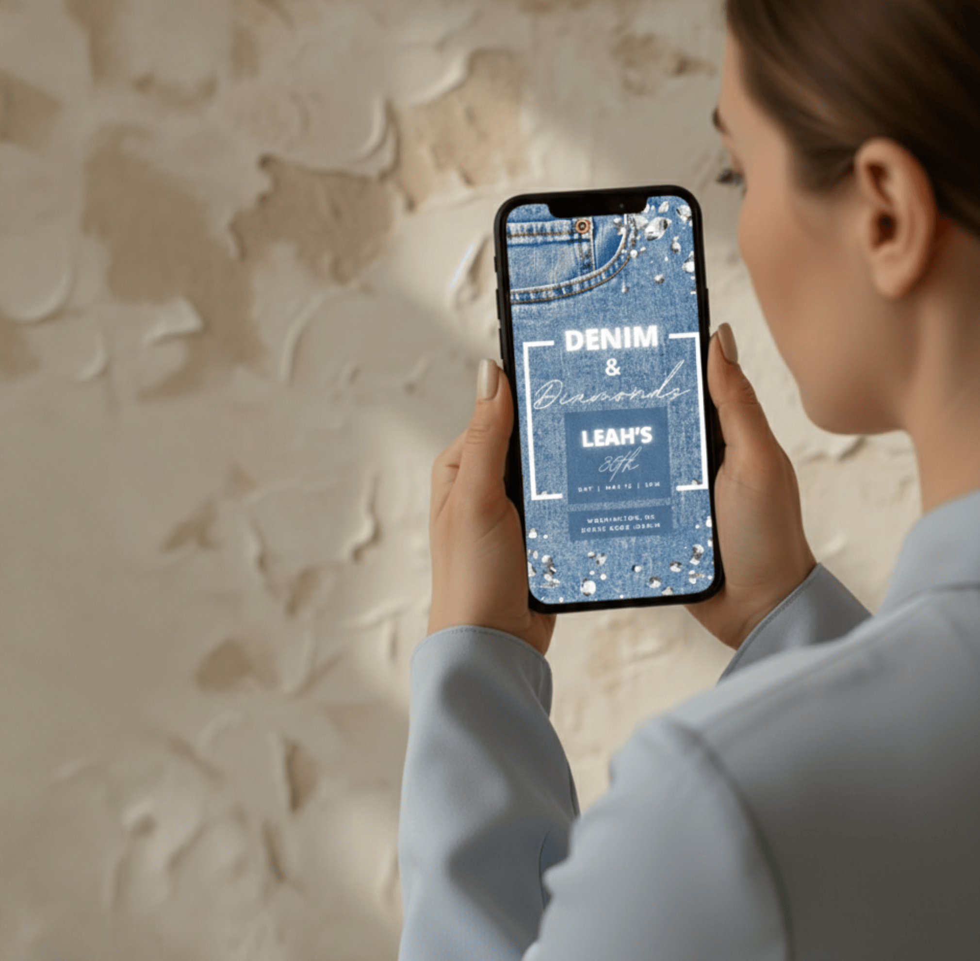 Modern woman previewing Denim and Diamonds digital invitation on smartphone. Editable Canva template for printable event invites in denim and silver sparkle design.