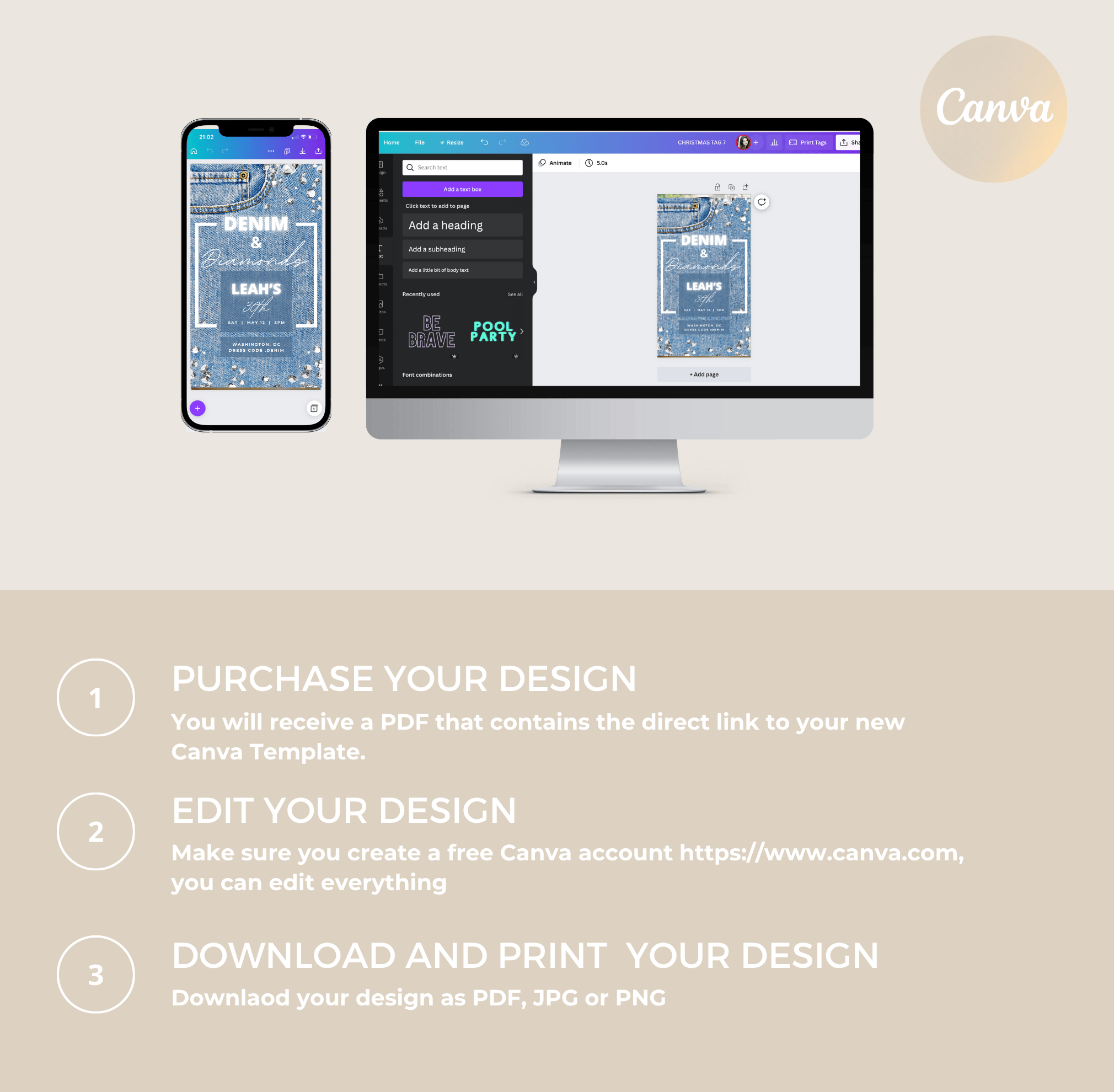 Minimalist Print by Anais logo for denim and diamonds editable Canva templates