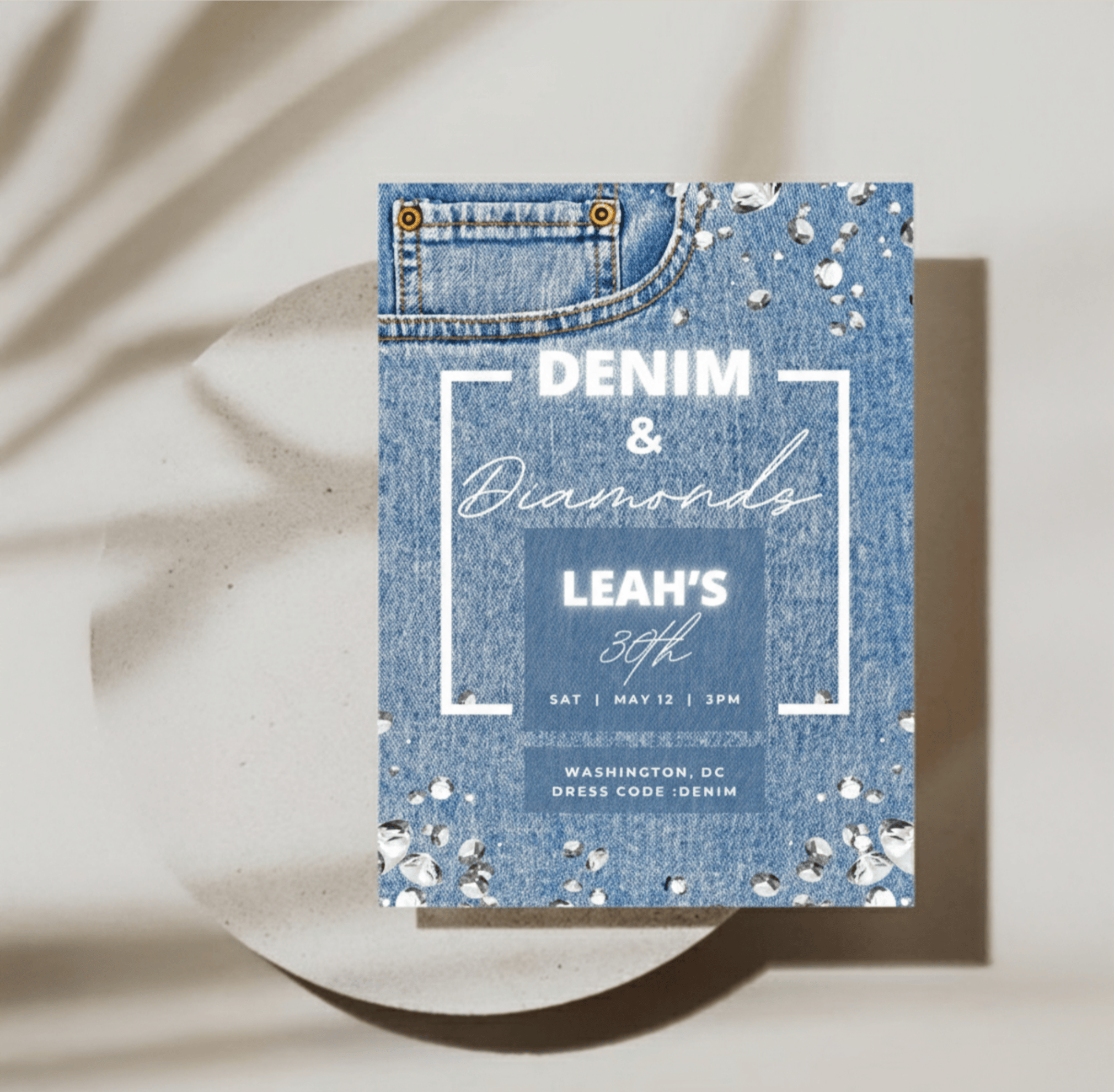 Minimalist Denim and Diamonds invitation template with sparkling crystal accents on a denim background. Editable Canva design for birthdays, bridal showers, and special events.