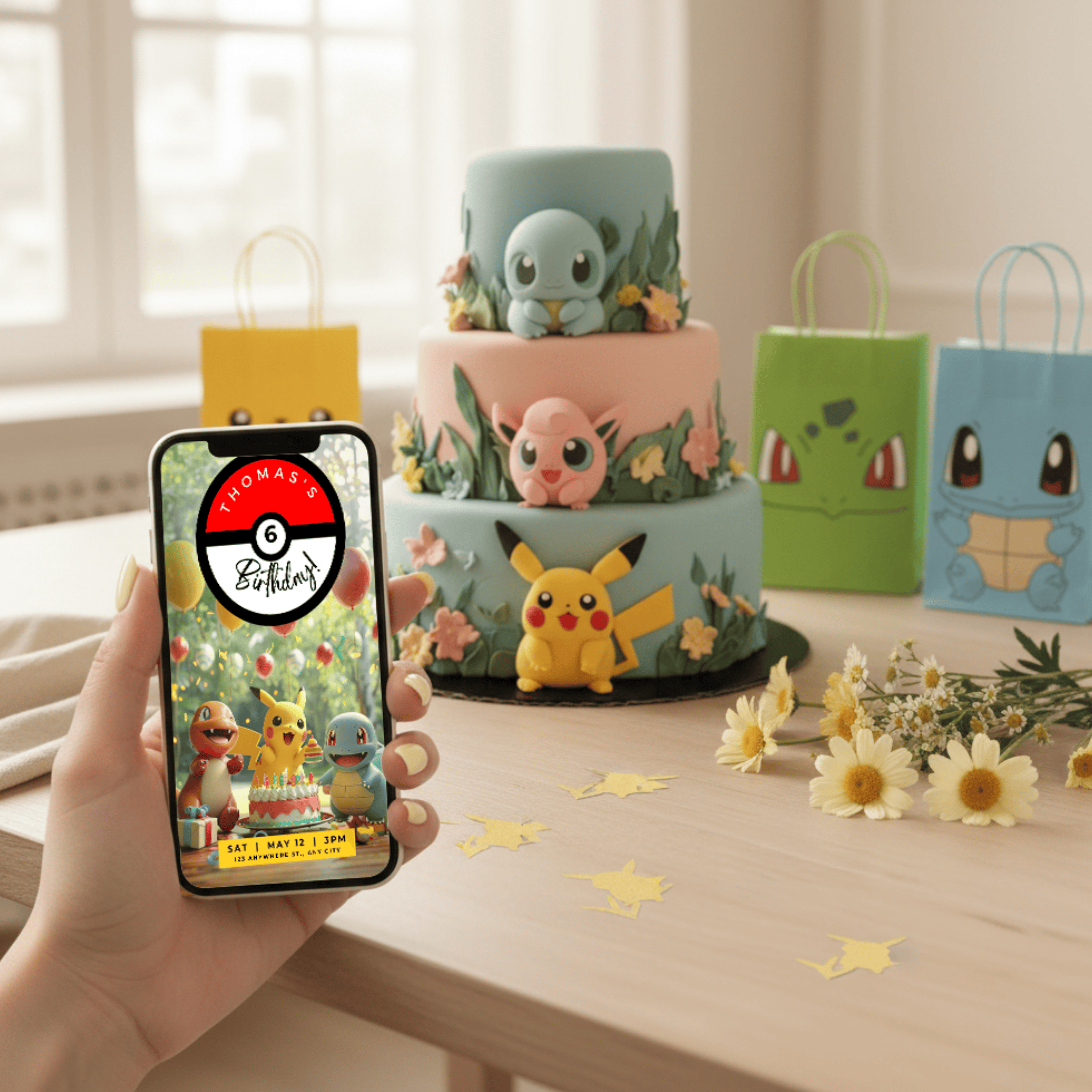 Pokémon birthday invitation template shown on smartphone with Pikachu, Bulbasaur, and Squirtle cake and colorful party setup, Canva editable invitation design.