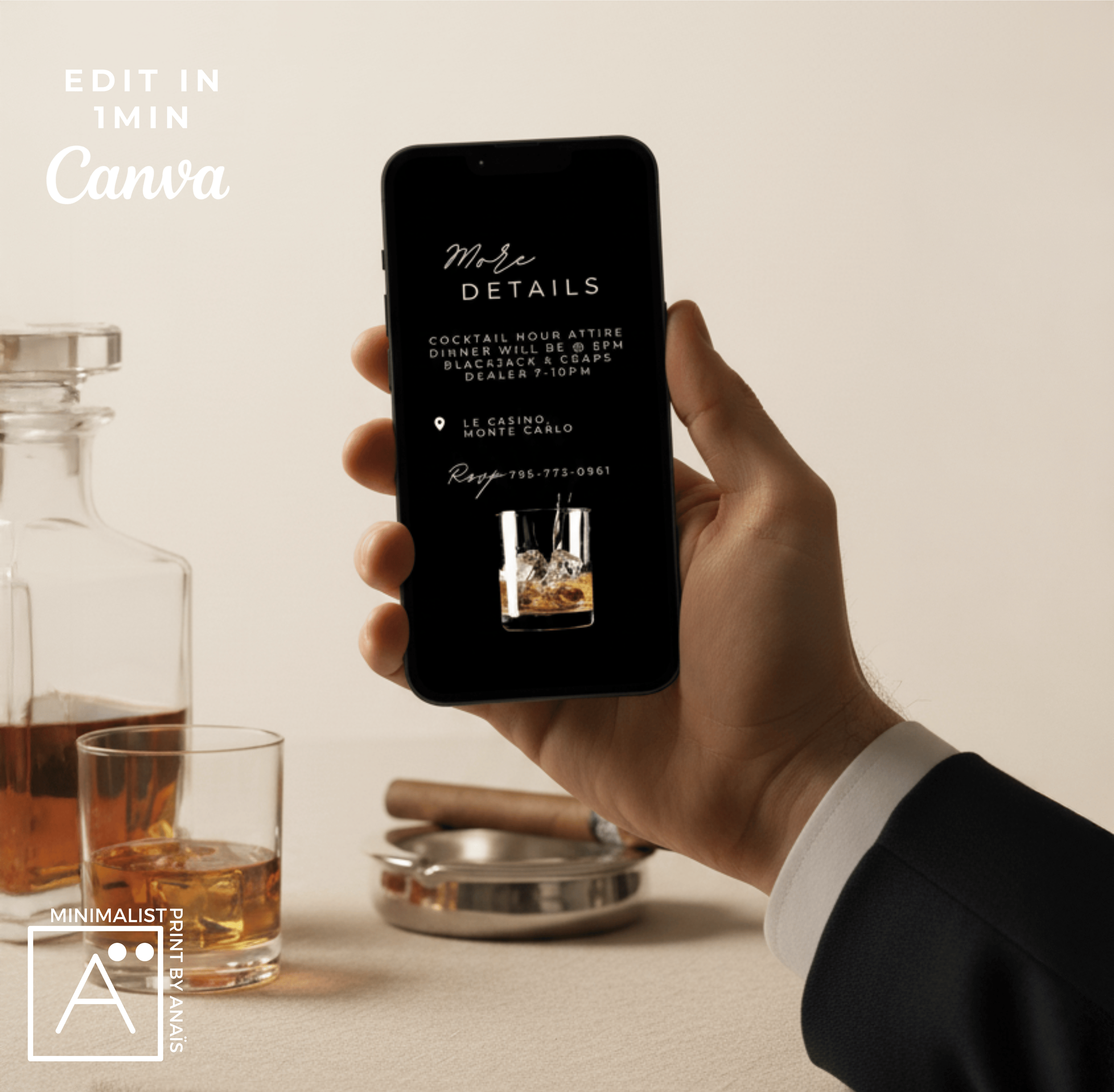 Man in suit holding editable whiskey and cigar animated birthday invitation on phone luxury digital video template in Canva.