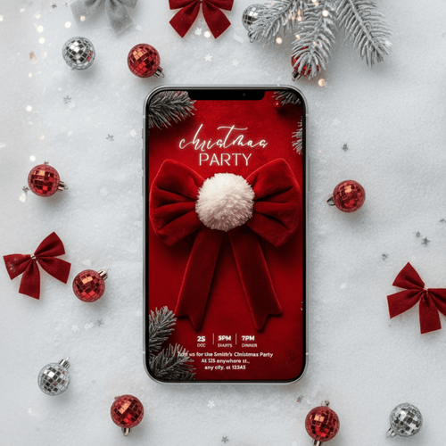 Elegant red velvet Christmas invitation card surrounded by holiday ornaments – printable holiday invite design
