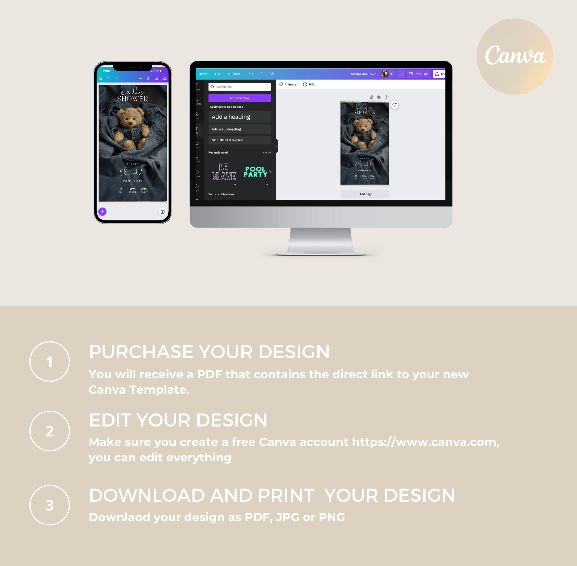 Canva editing guide for denim teddy bear baby shower set—edit, download, and print or export MP4.