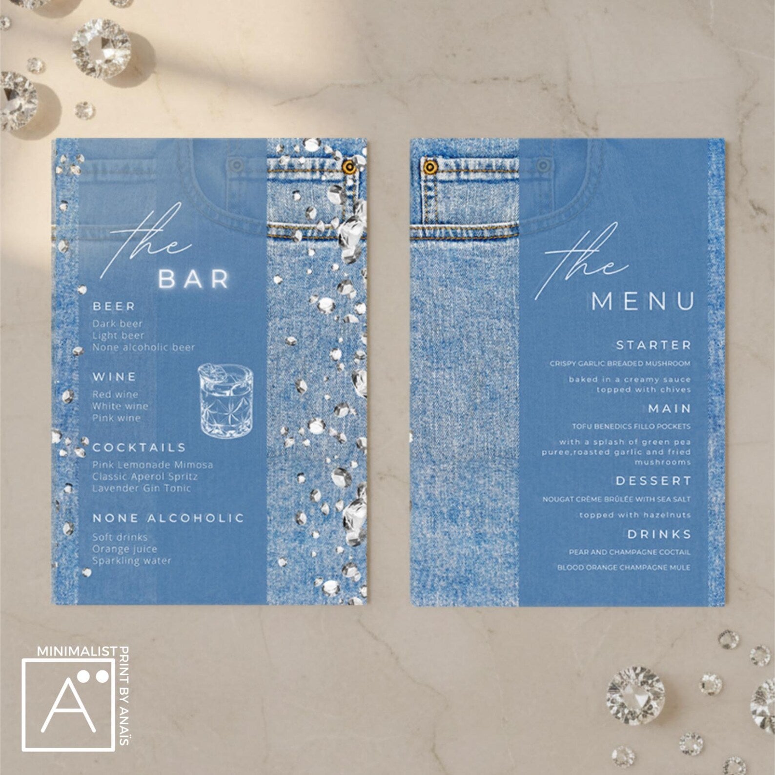 Close-up of denim and diamonds drink menu template showing editable text and diamond details