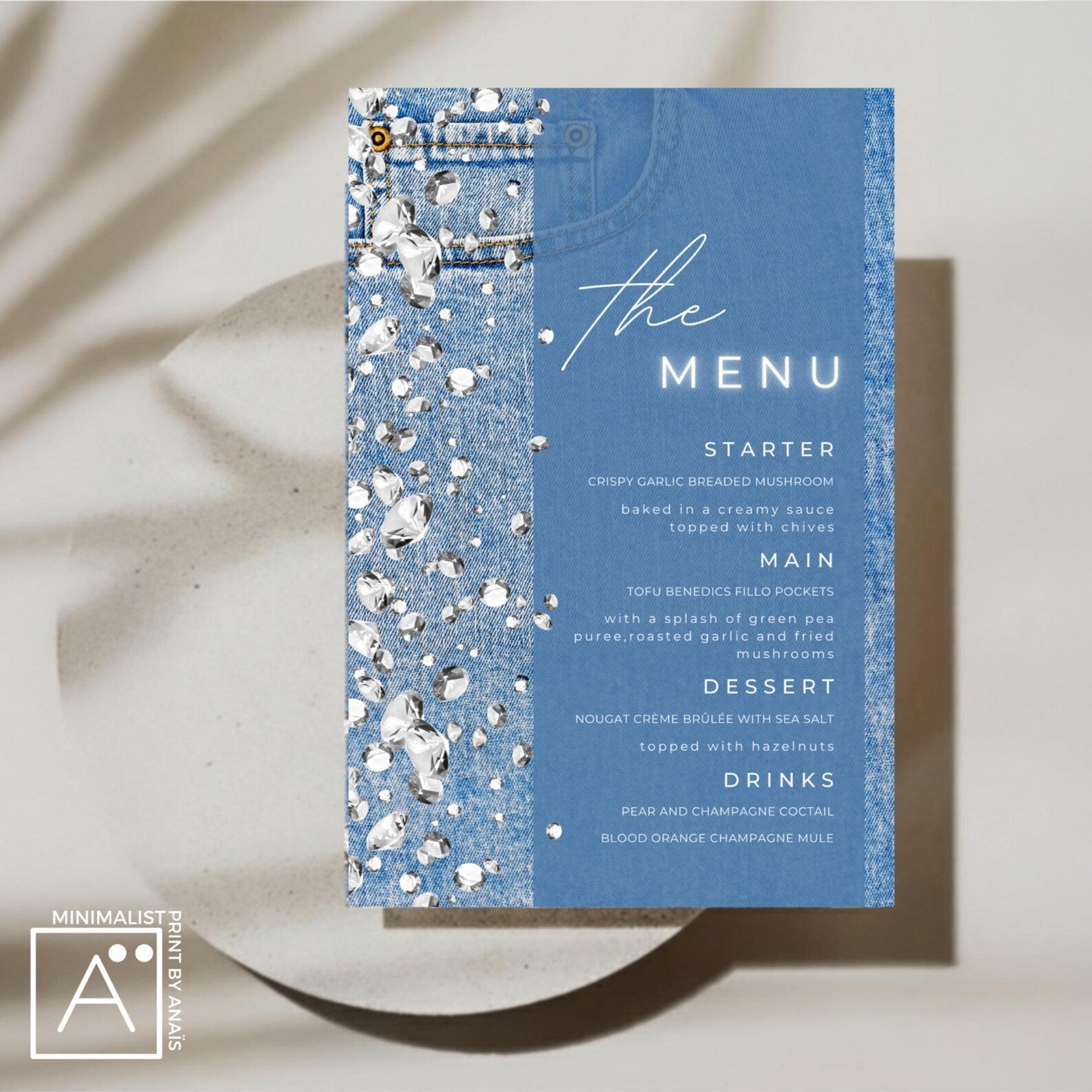 Editable denim and diamonds bar menu and food menu templates displayed together for party table