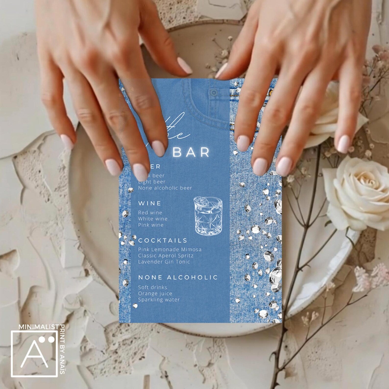 Denim and diamonds menu template shown on phone and printed for birthday party table setup