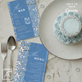Denim and diamonds drink menu template with sparkling rhinestone accents editable in Canva