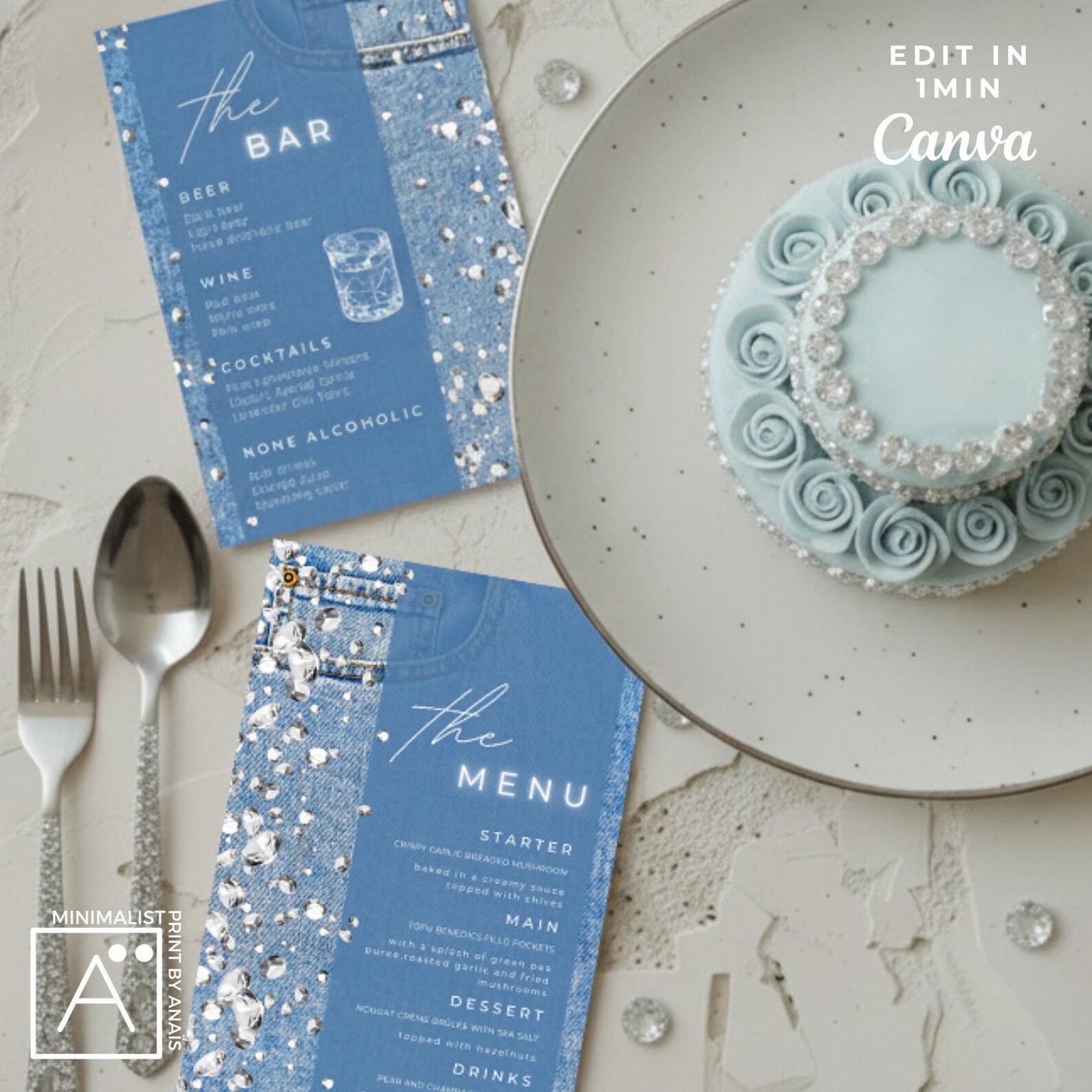 Denim and diamonds drink menu template with sparkling rhinestone accents editable in Canva