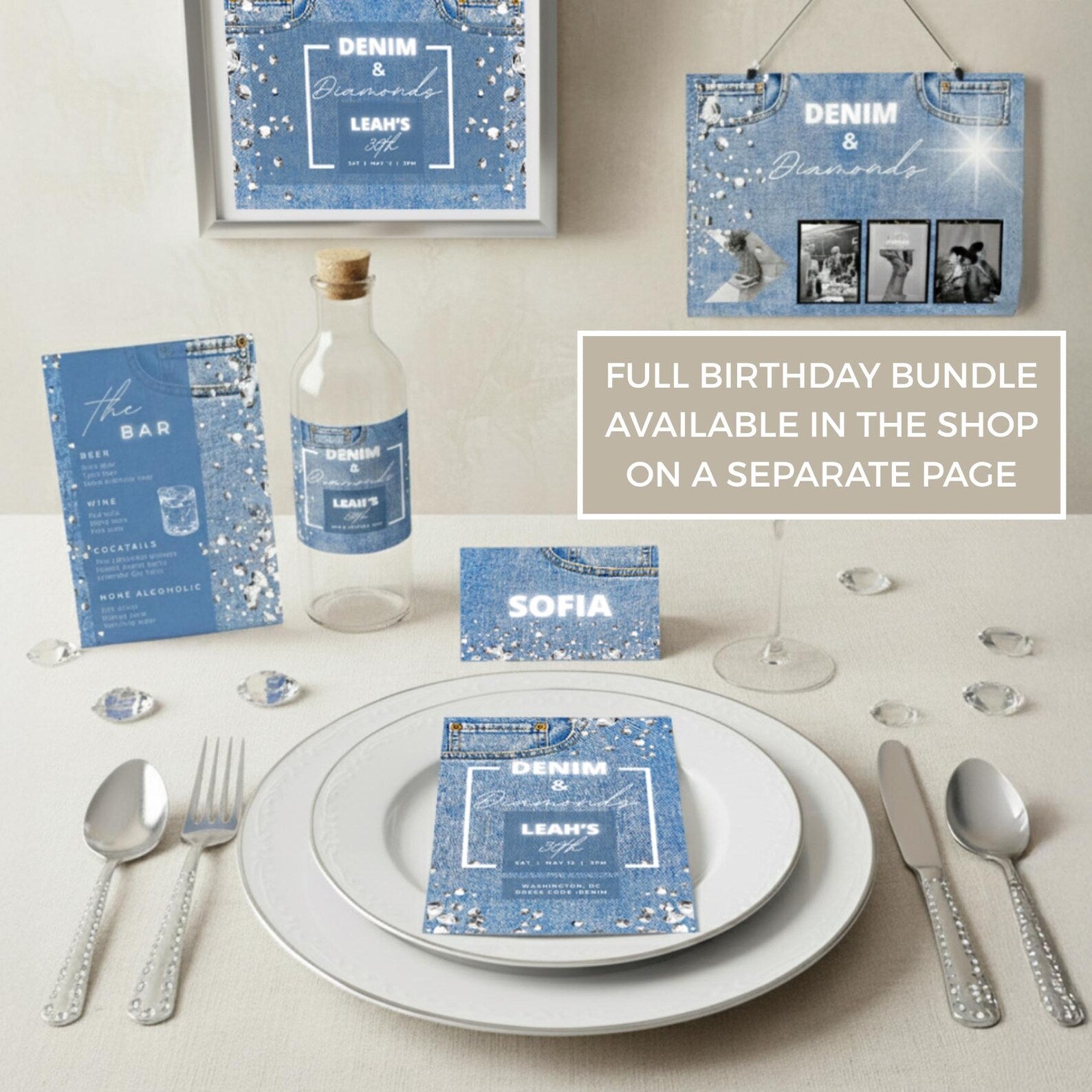 Canva editing guide showing how to customize denim and diamonds drink menu and food menu template