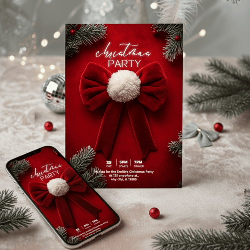 Christmas Party Invitation Template on phone and print with red velvet bow – Canva editable design by Minimalist Print by Anaïs