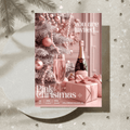 Luxury pink Christmas invitation template on a marble background featuring champagne bottle, pink gifts, and blush holiday tree editable Canva design.
