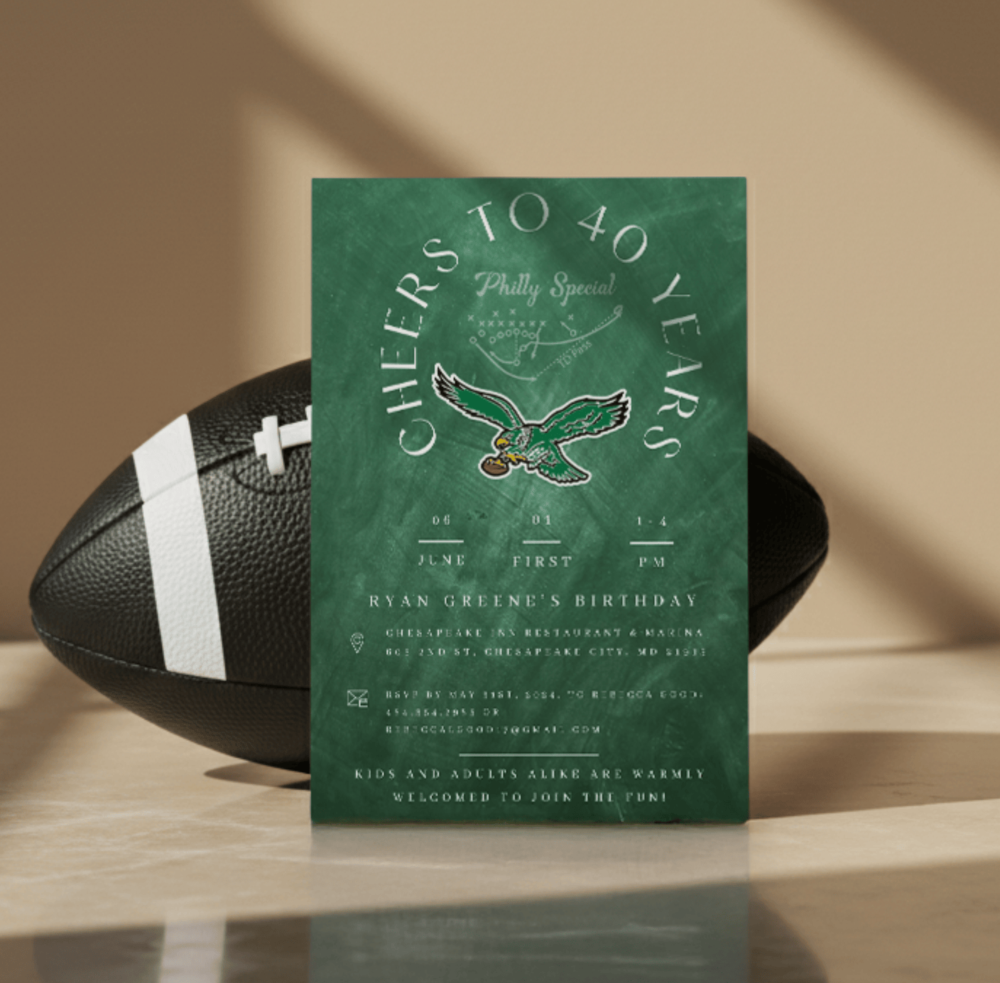 Philadelphia Eagles football birthday invitation on textured green background with philly's special chalk play game editable Canva template for men’s football party, minimalist design by Minimalist Print by Anaïs.