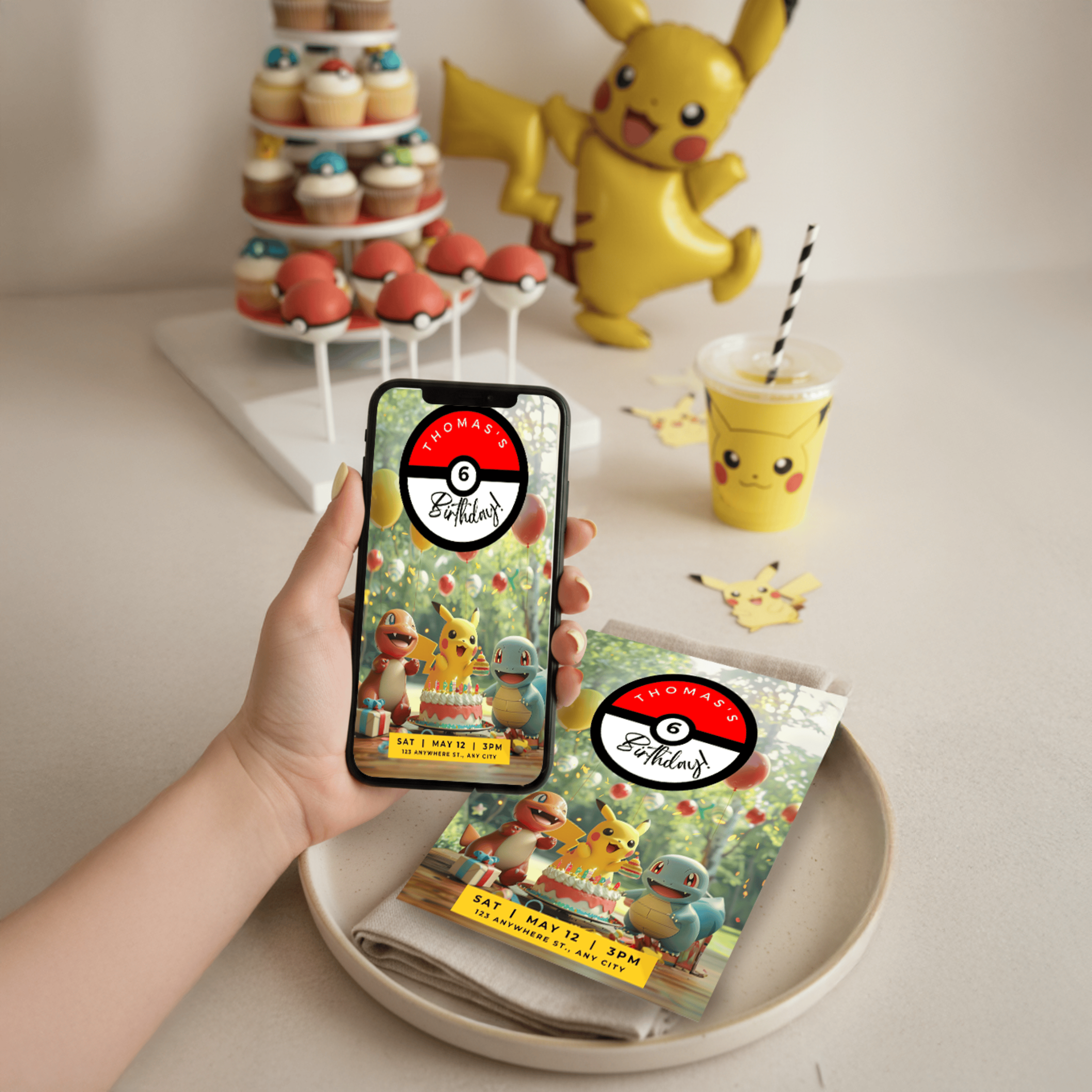 Pokémon birthday party invitation template displayed on phone and printed card beside themed cupcakes, Pikachu cup, and balloons  fun kids digital invite.