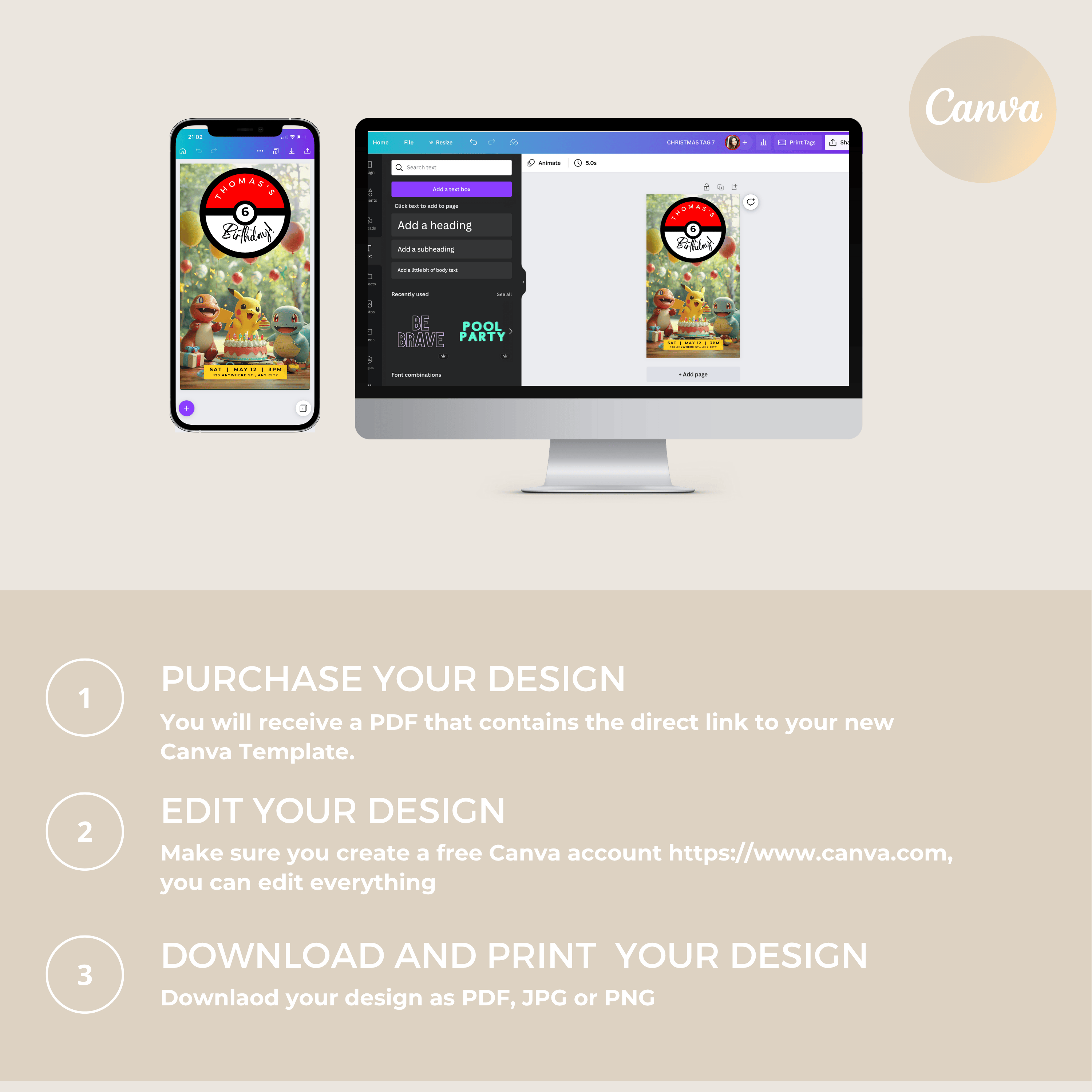 Editable Pokémon invitation template displayed on computer and phone in Canva editor – instant access and easy customization.