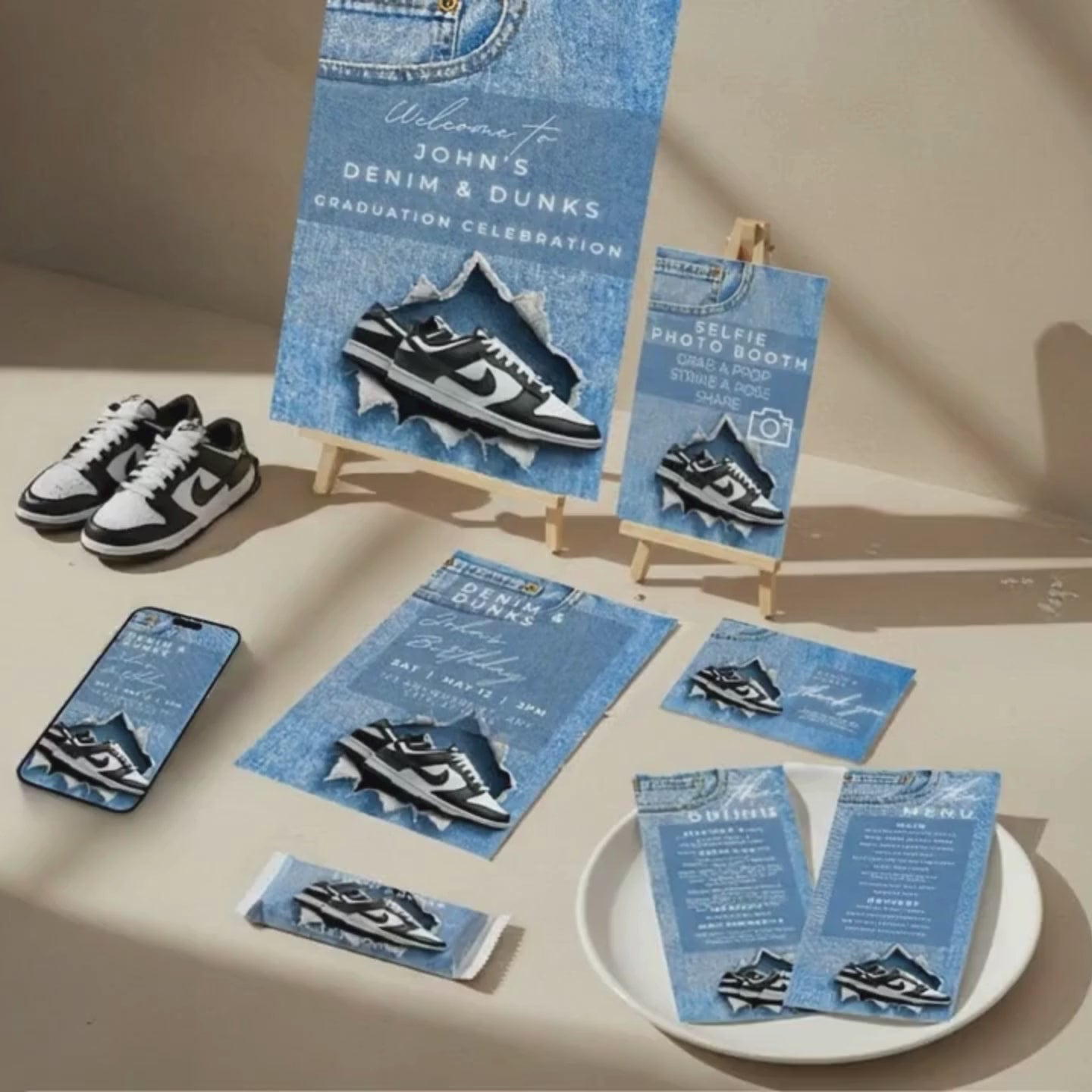 Cinematic video showcasing the Denim & Dunks Party Bundle a modern editable Canva stationery set including invitation, welcome sign, photobooth sign, food and drink menus, thank-you card, and candy bar wrap. Displayed on a beige table with soft natural light, sneakers, denim textures, and confetti sparkles. Perfect for sneaker-themed birthdays, graduations, and luxury party decor.