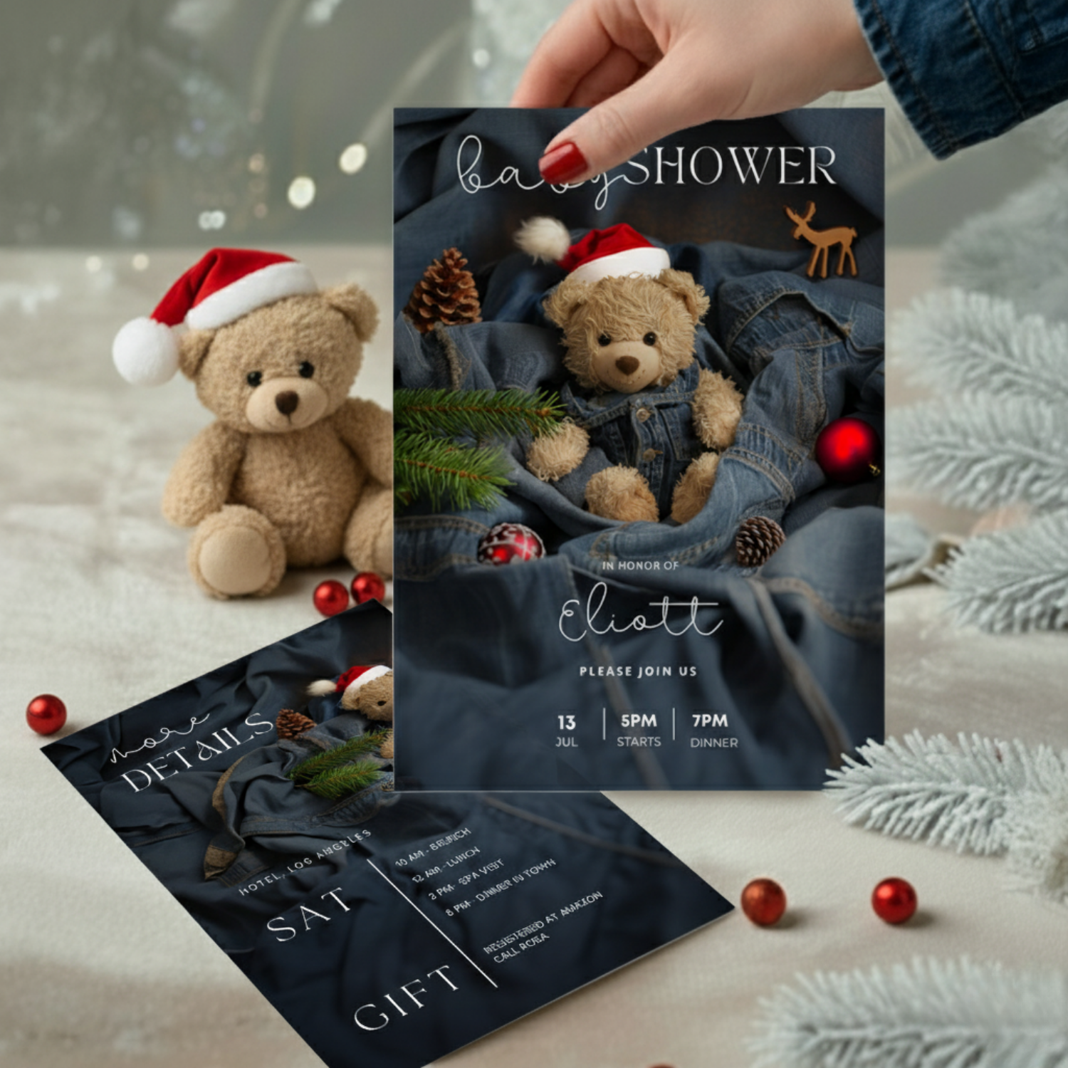 Teddy bear denim Christmas baby shower invitation template in winter holiday theme