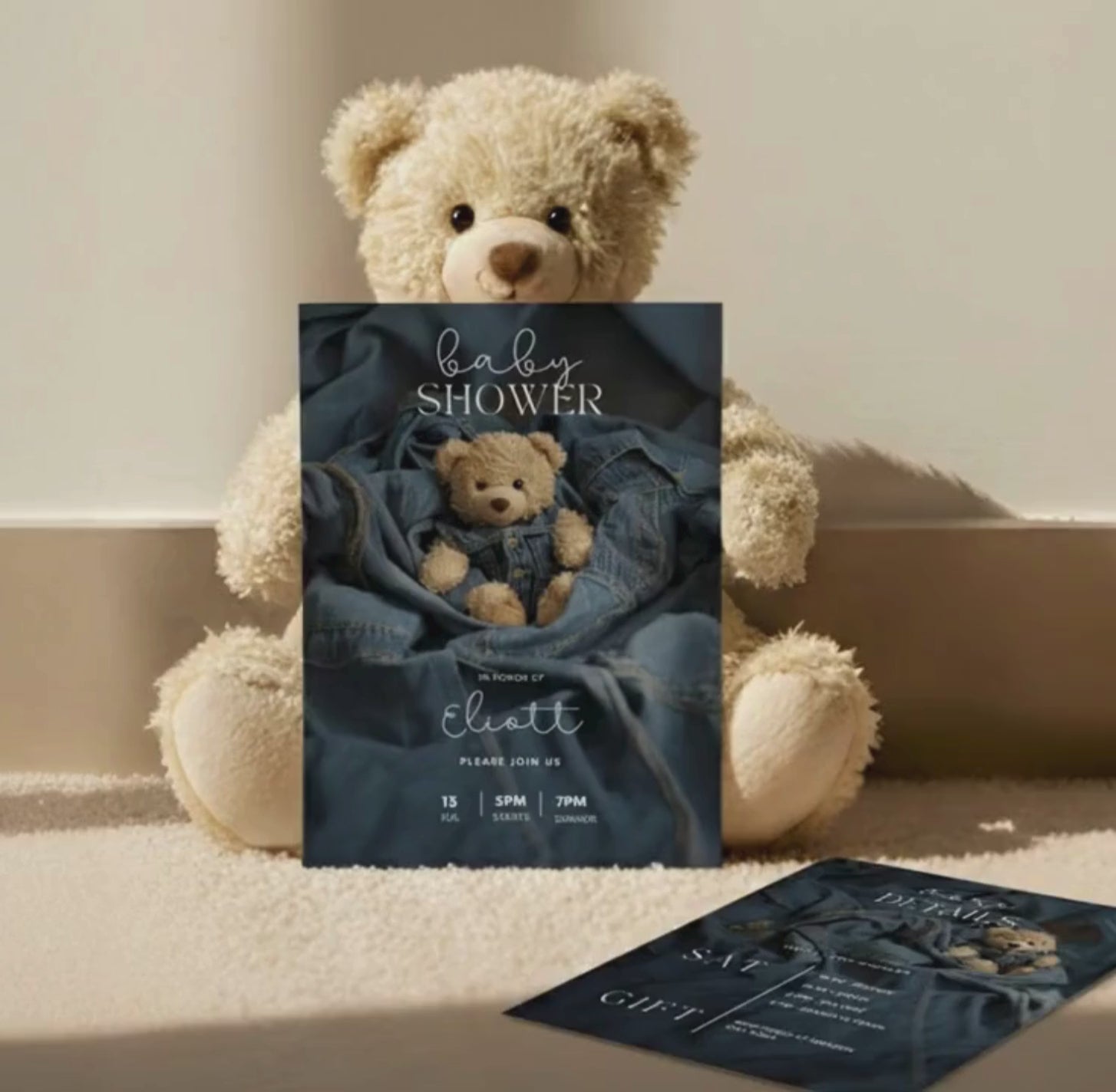 Elegant animated video showcasing a denim teddy bear baby shower invitation and matching details card.
The clip begins with a cozy plush teddy bear holding the printed invitation, then transitions to a flat-lay of the cards on a neutral beige surface with delicate white flowers.
Finally, a smartphone displays the animated mobile invitation, switching to the coordinating details version — highlighting how the design comes to life digitally.
This editable Canva baby shower invitation template features soft de