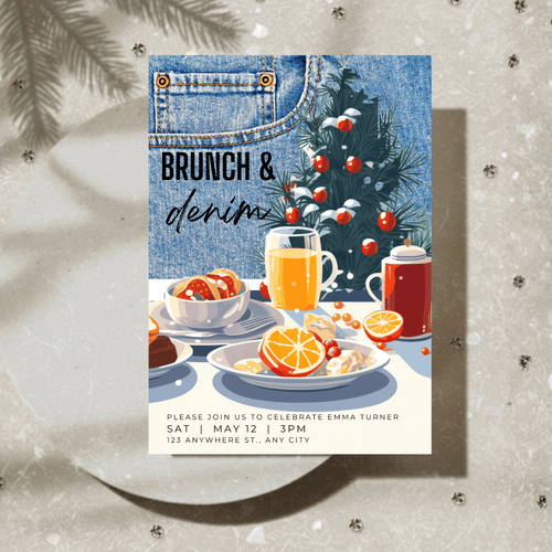 Printable Christmas brunch invitation with denim pocket and festive brunch food illustration on winter background, editable Canva holiday invite