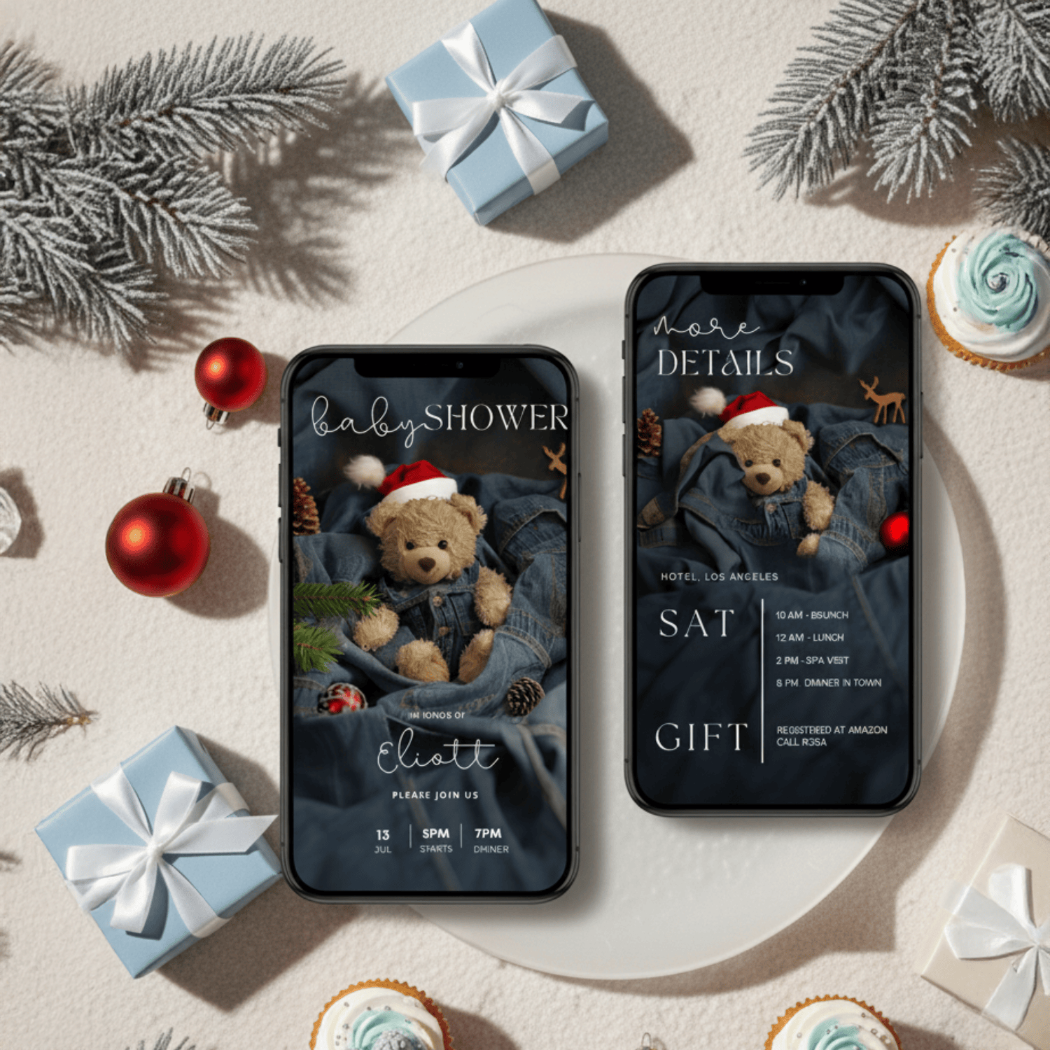 Mobile preview of denim Christmas teddy bear baby shower invite editable in Canva