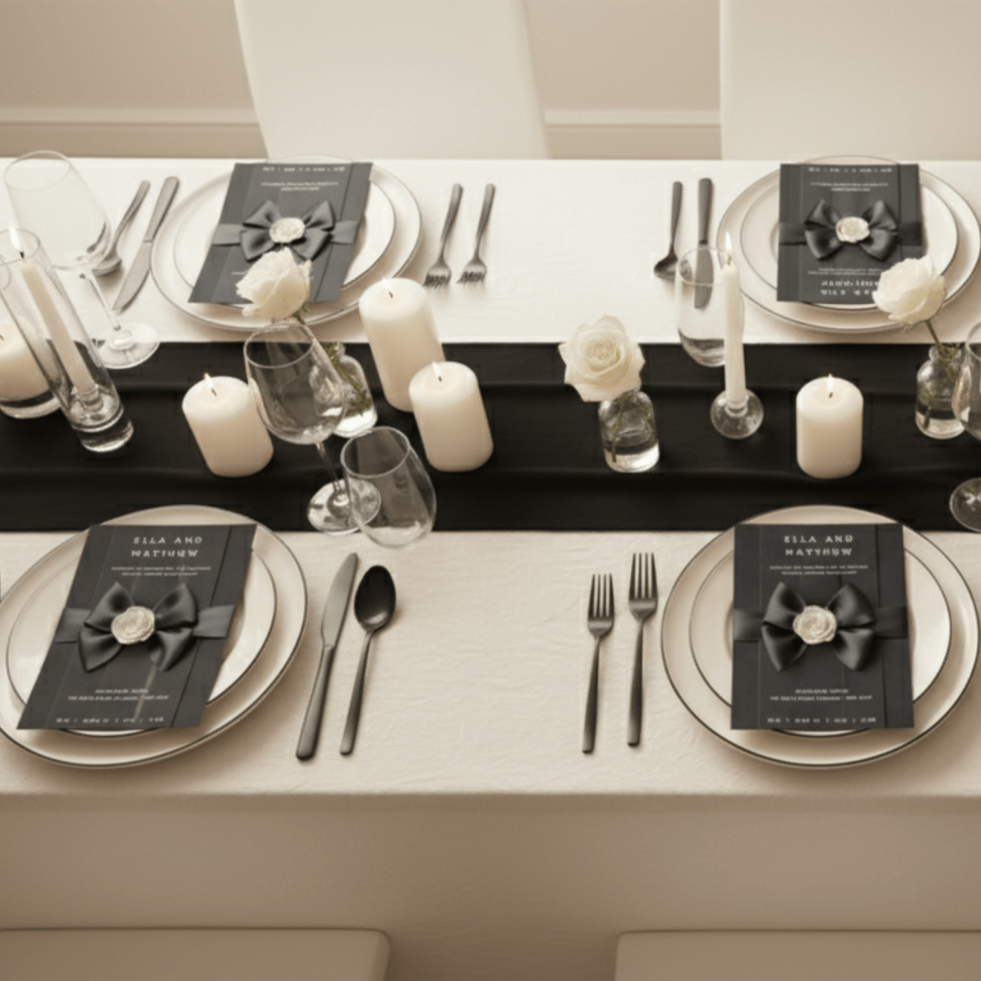 Woman holding digital Chanel-inspired wedding invitation with black satin bow and camellia flower editable Canva template for modern luxury weddings.