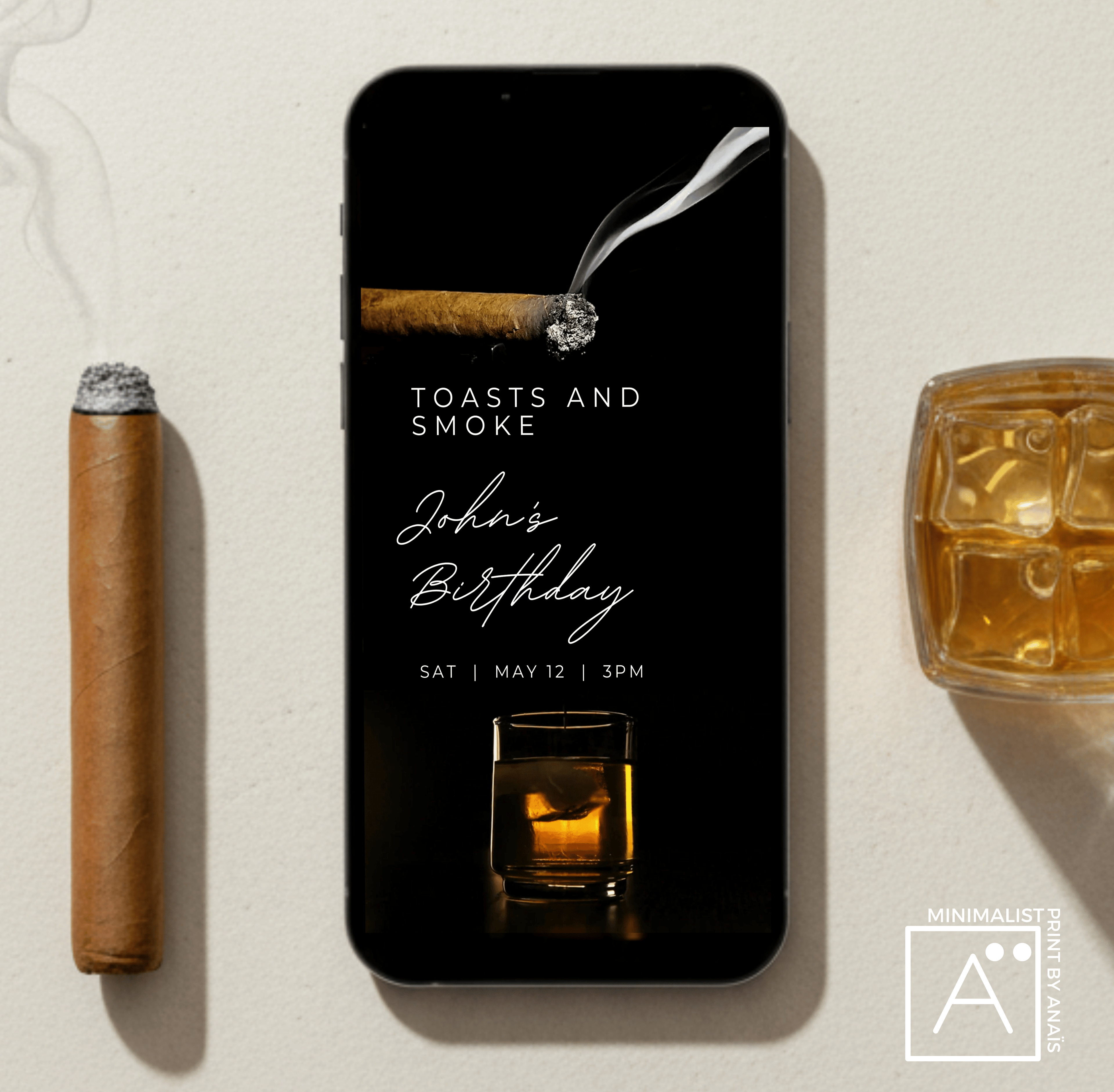 Luxury whiskey and cigar animated birthday invitation displayed on smartphone minimalist black background with glass of whiskey and smoke detail.
