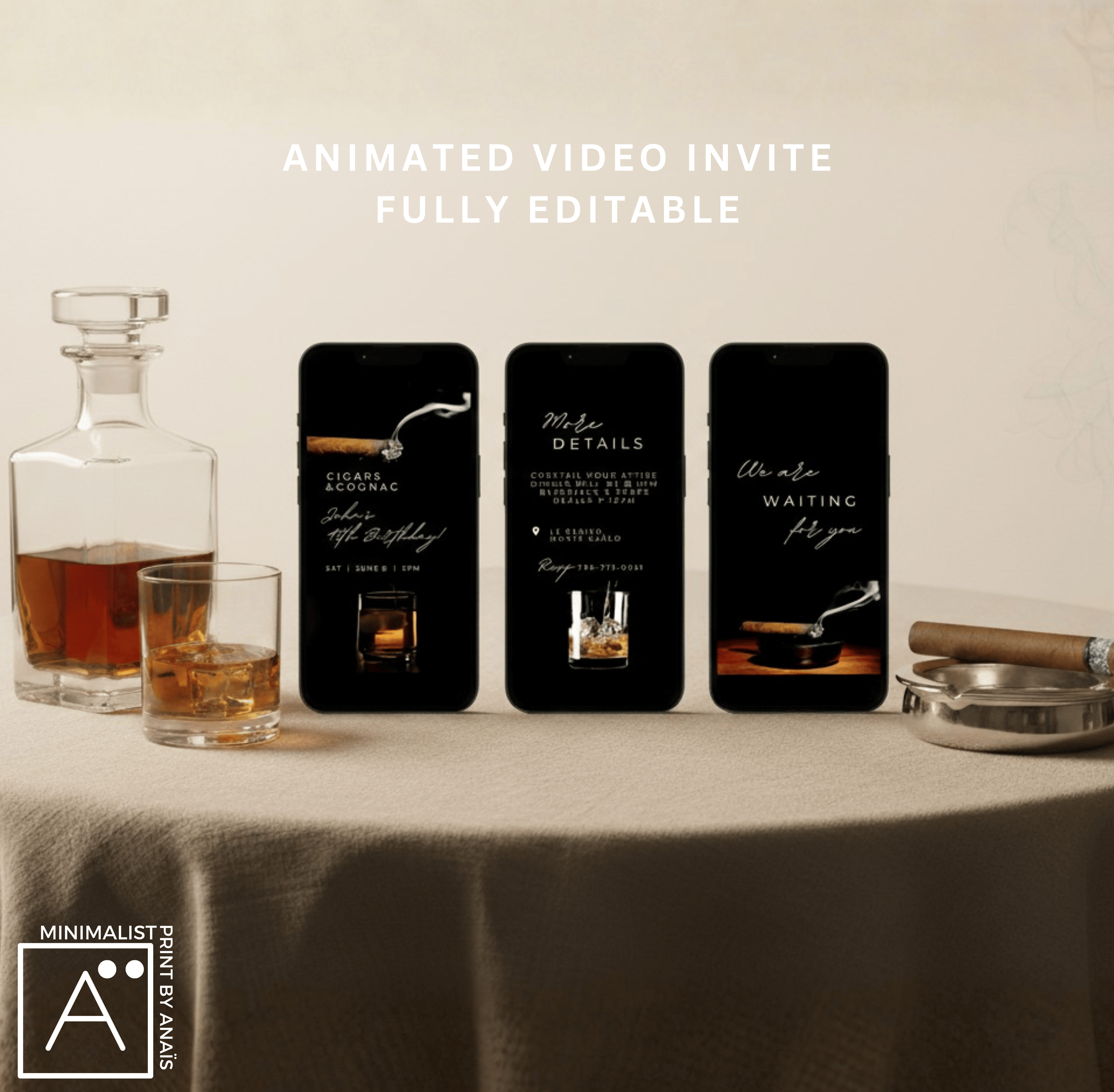 Three smartphones showing whiskey and cigar animated video invitations luxury men’s birthday theme with whiskey glasses and cigar smoke.