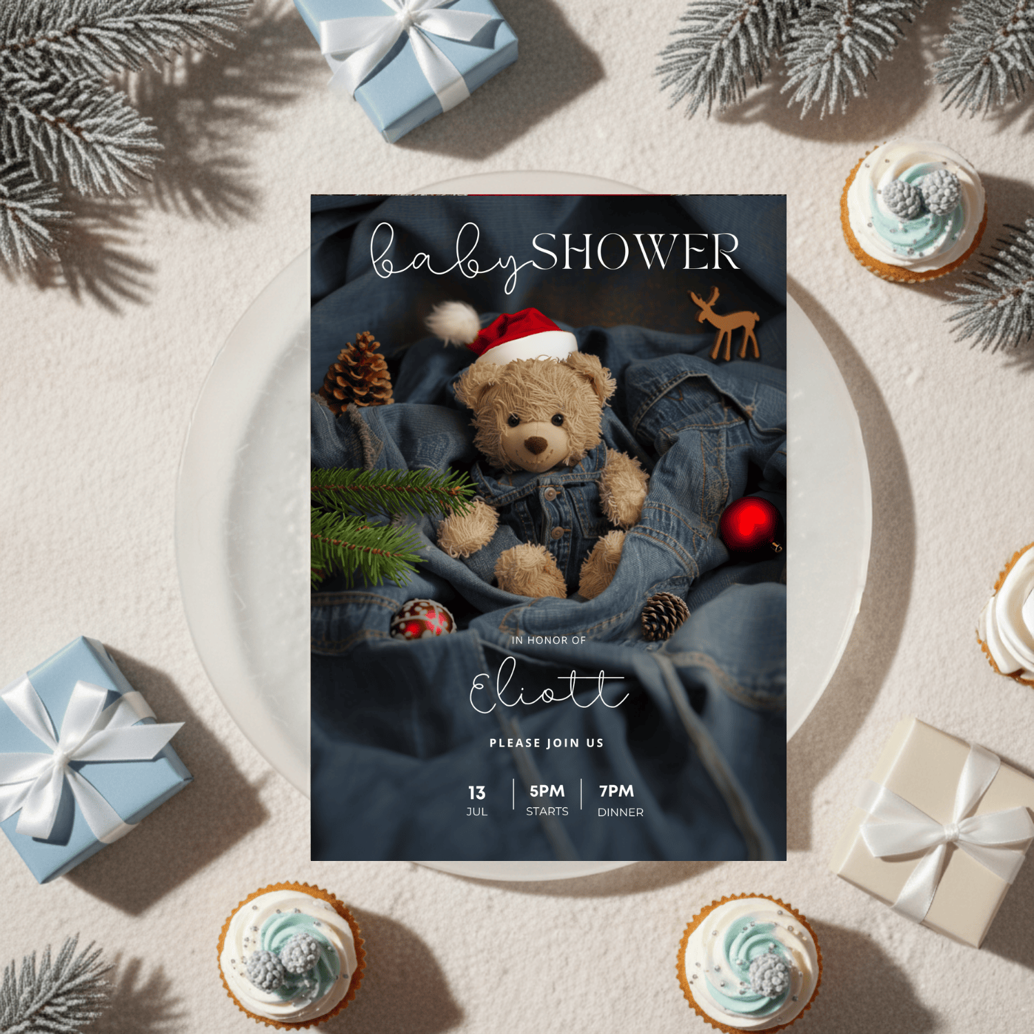 Cozy winter aesthetic flatlay with teddy bear denim baby shower invitation