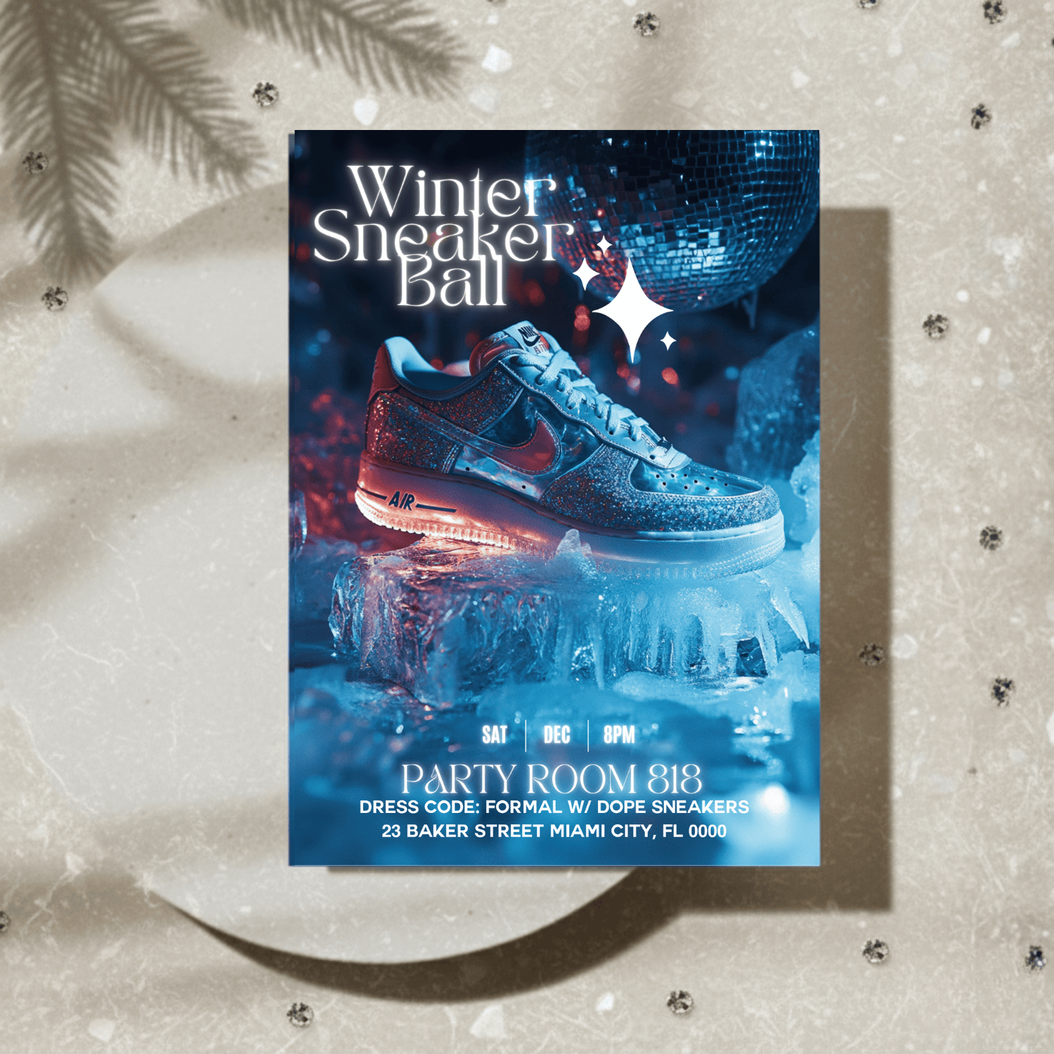 Blue Winter Sneaker Ball invitation card on shimmering ice with disco ball reflections and silver sparkle luxury sneaker-themed party invitation.