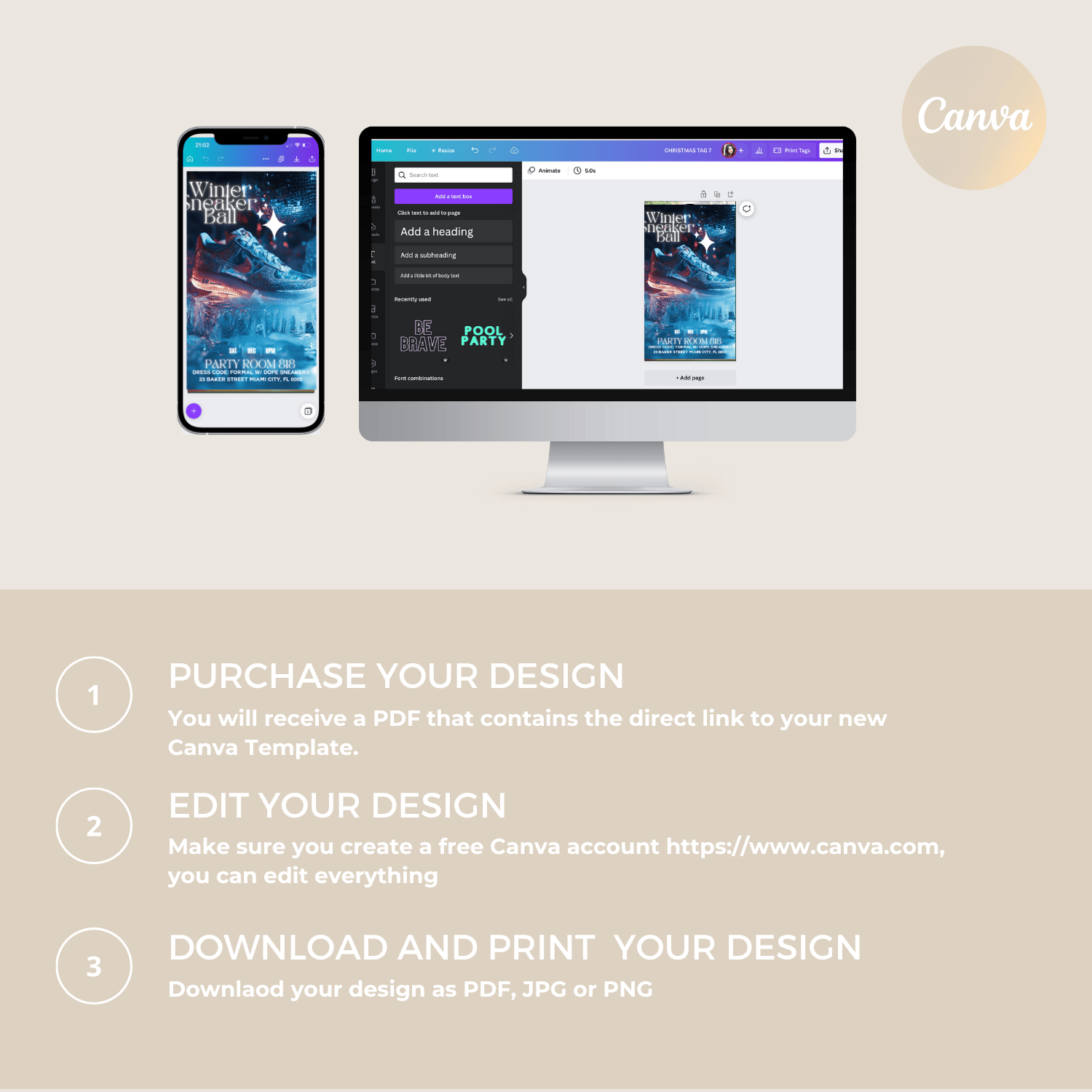 Computer and phone screen showing editable Winter Sneaker Ball invitation in Canva, explaining how to purchase, edit, and download the design.