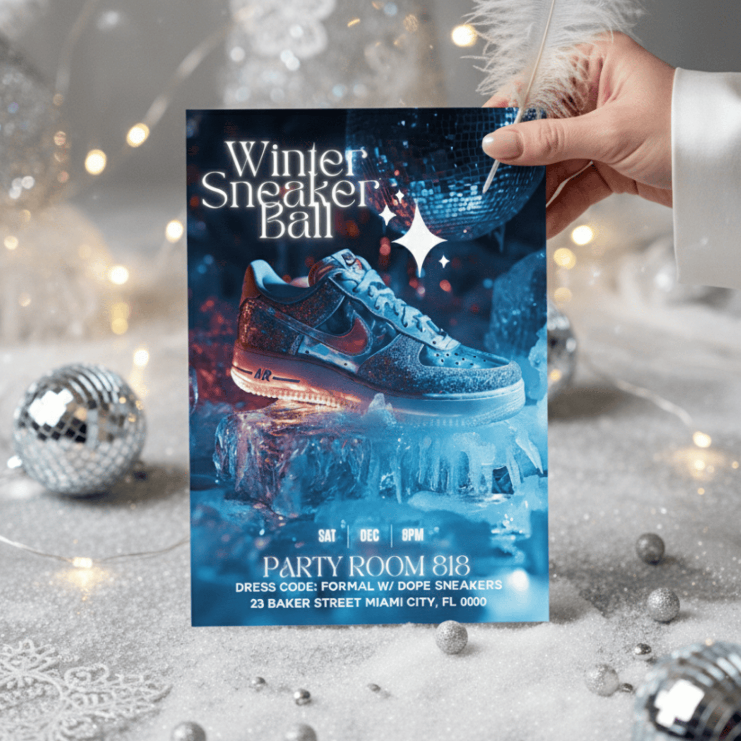 Female hand placing elegant Winter Sneaker Ball invitation on festive Christmas party silver background with fairy lights and disco ball modern editable Canva design.